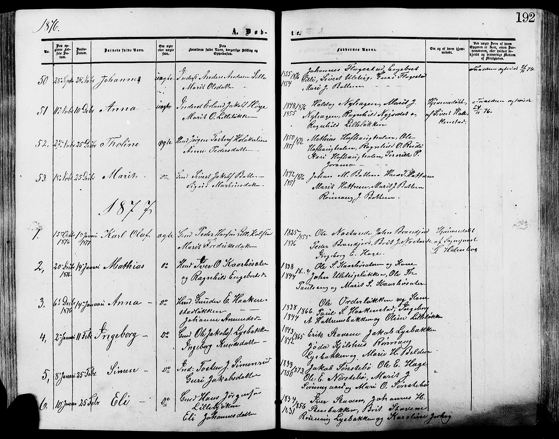 Lesja prestekontor, SAH/PREST-068/H/Ha/Haa/L0008: Parish register (official) no. 8, 1854-1880, p. 192