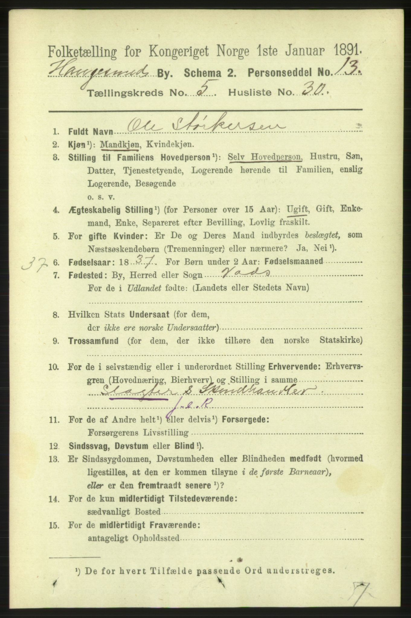 RA, 1891 census for 1106 Haugesund, 1891, p. 2545