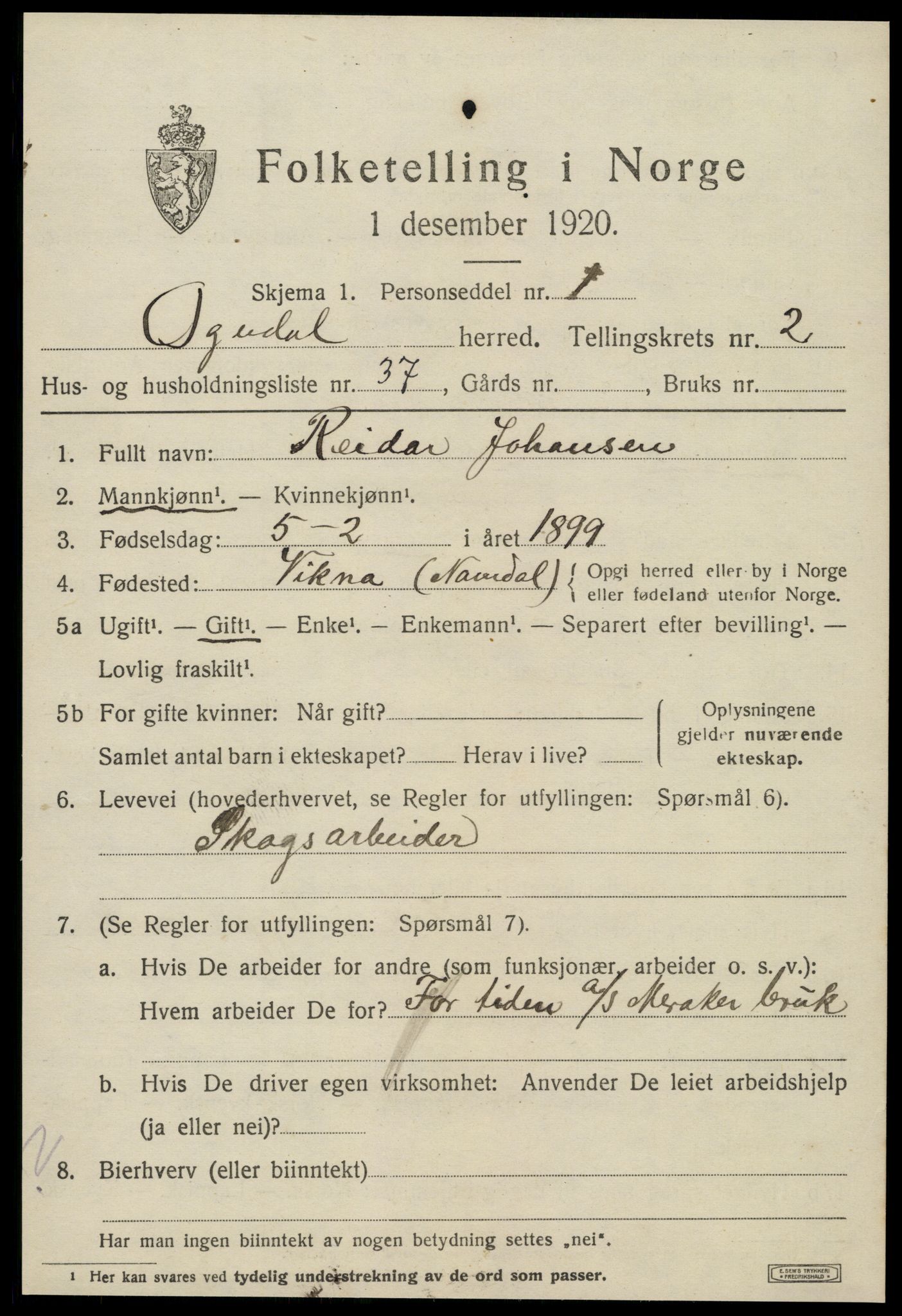 SAT, 1920 census for Ogndal, 1920, p. 1165
