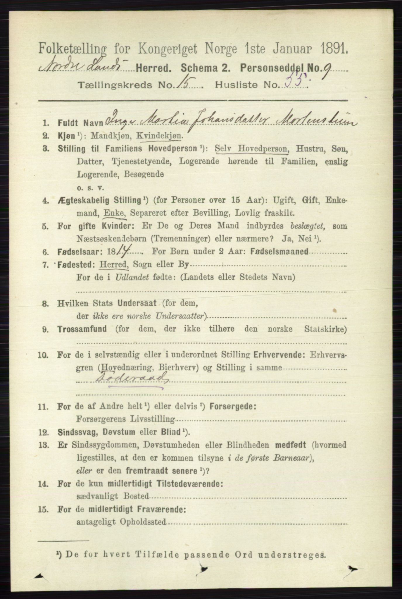 RA, 1891 census for 0538 Nordre Land, 1891, p. 4115