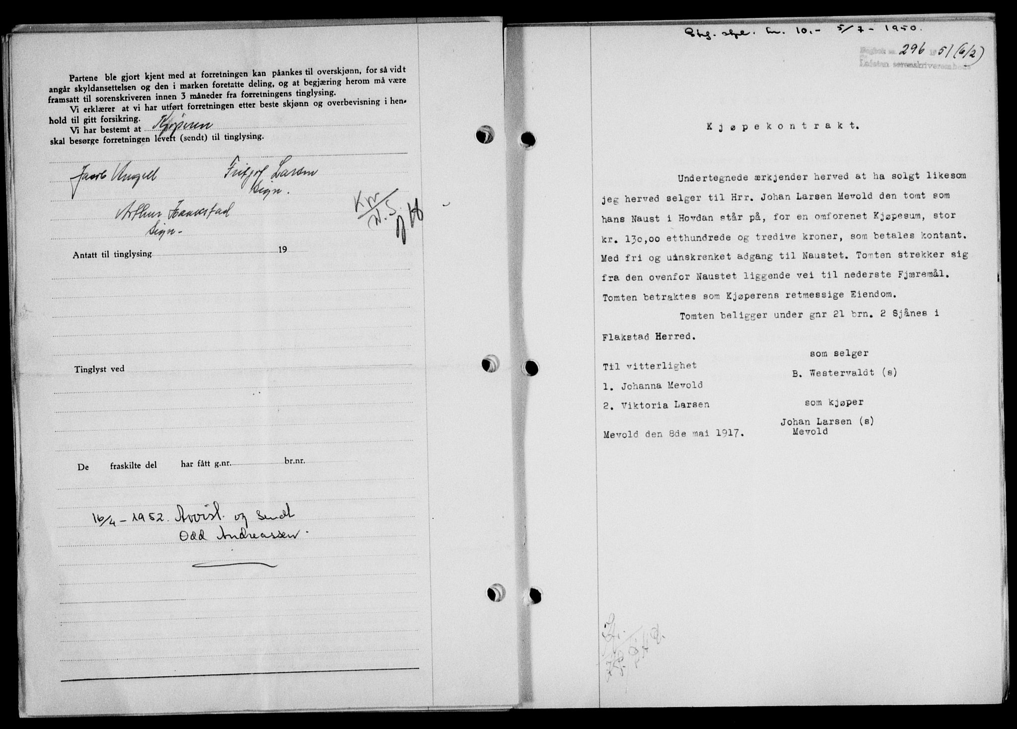 Lofoten sorenskriveri, SAT/A-0017/1/2/2C/L0025a: Mortgage book no. 25a, 1950-1951, Diary no: : 296/1951