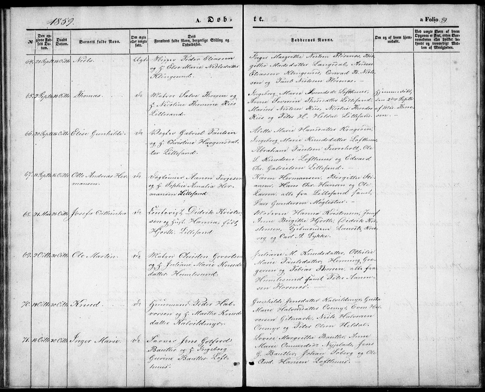 Vestre Moland sokneprestkontor, AV/SAK-1111-0046/F/Fb/Fbb/L0003: Parish register (copy) no. B 3, 1851-1861, p. 89