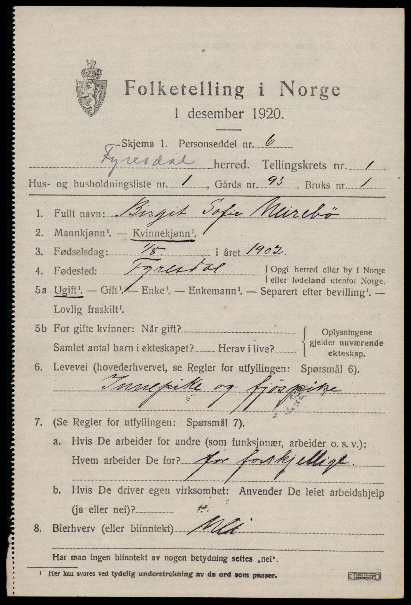 SAKO, 1920 census for Fyresdal, 1920, p. 975