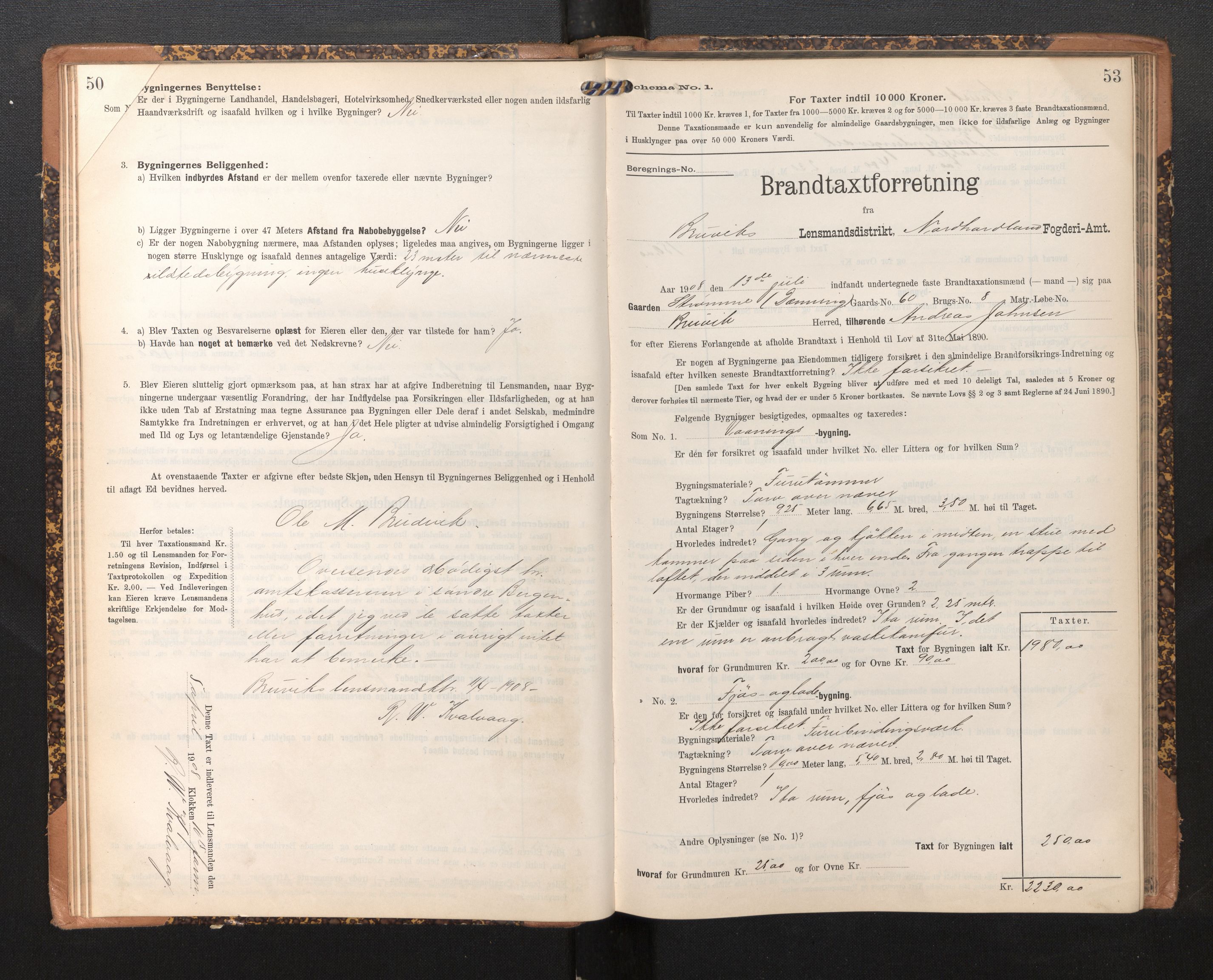 Lensmannen i Bruvik, AV/SAB-A-31301/0012/L0007: Branntakstprotokoll, skjematakst, 1906-1918, p. 52-53