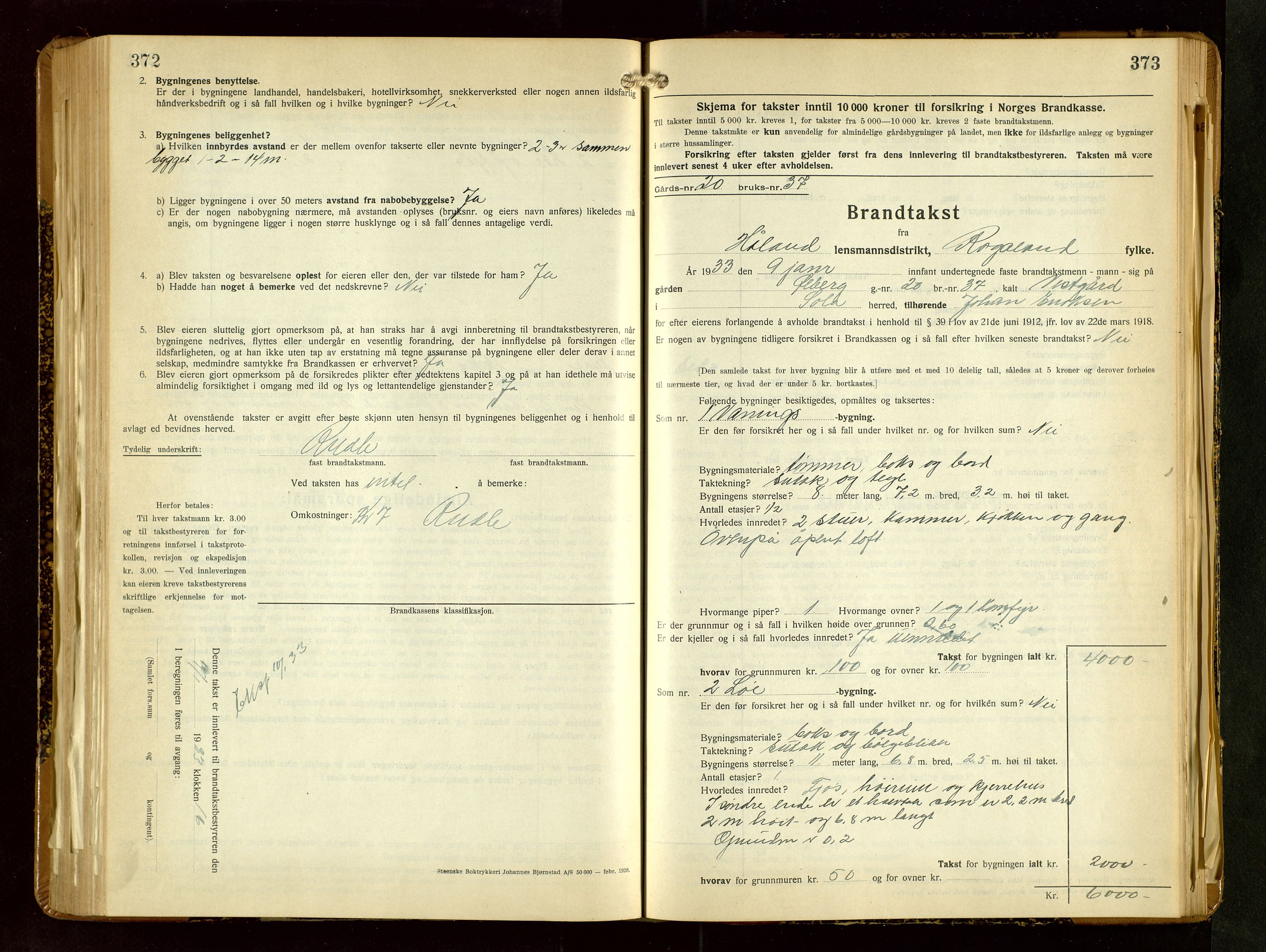 Håland lensmannskontor, SAST/A-100100/Gob/L0009: Branntakstprotokoll - skjematakst. Register i boken., 1930-1933, p. 372-373