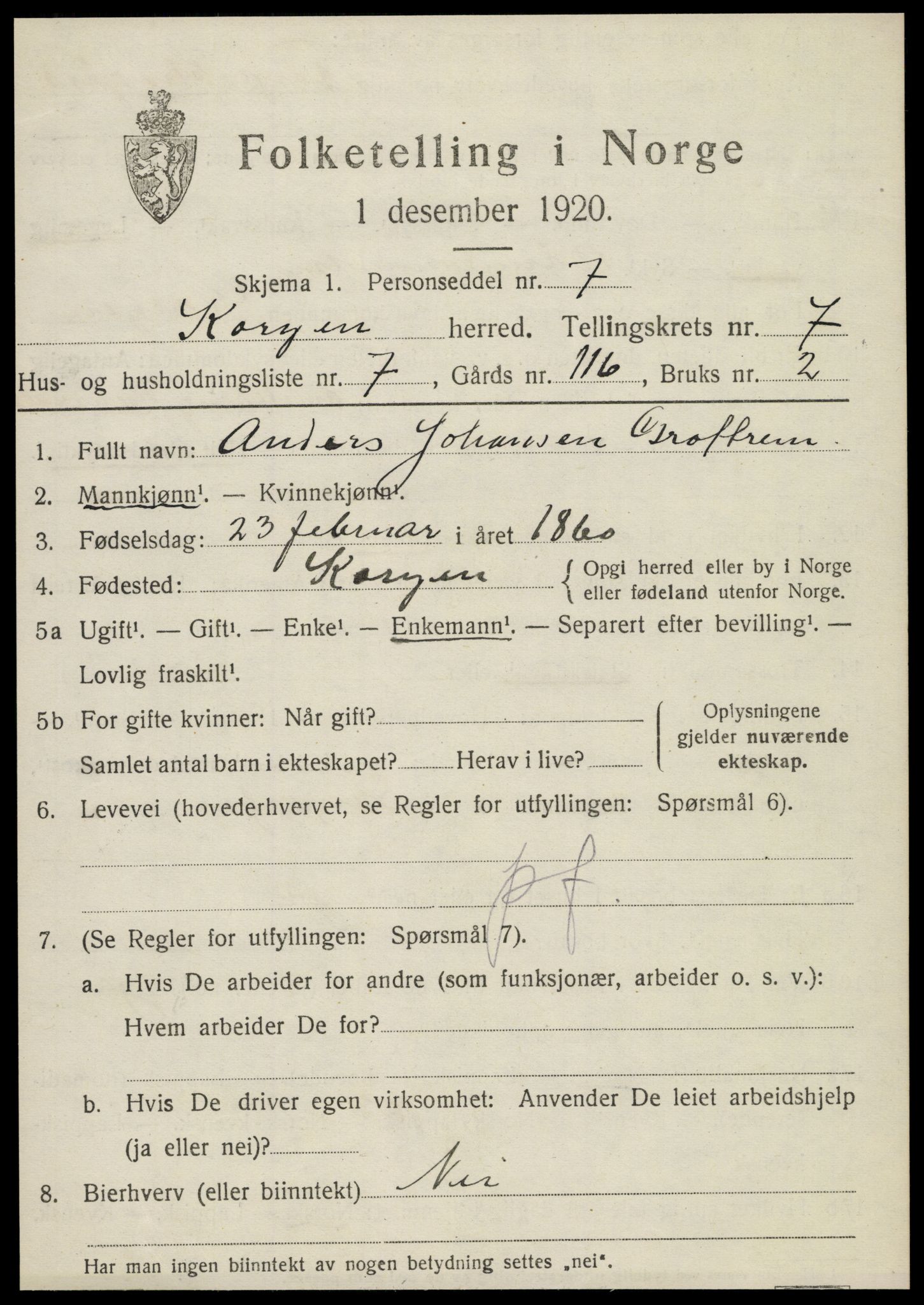 SAT, 1920 census for Korgen, 1920, p. 2866