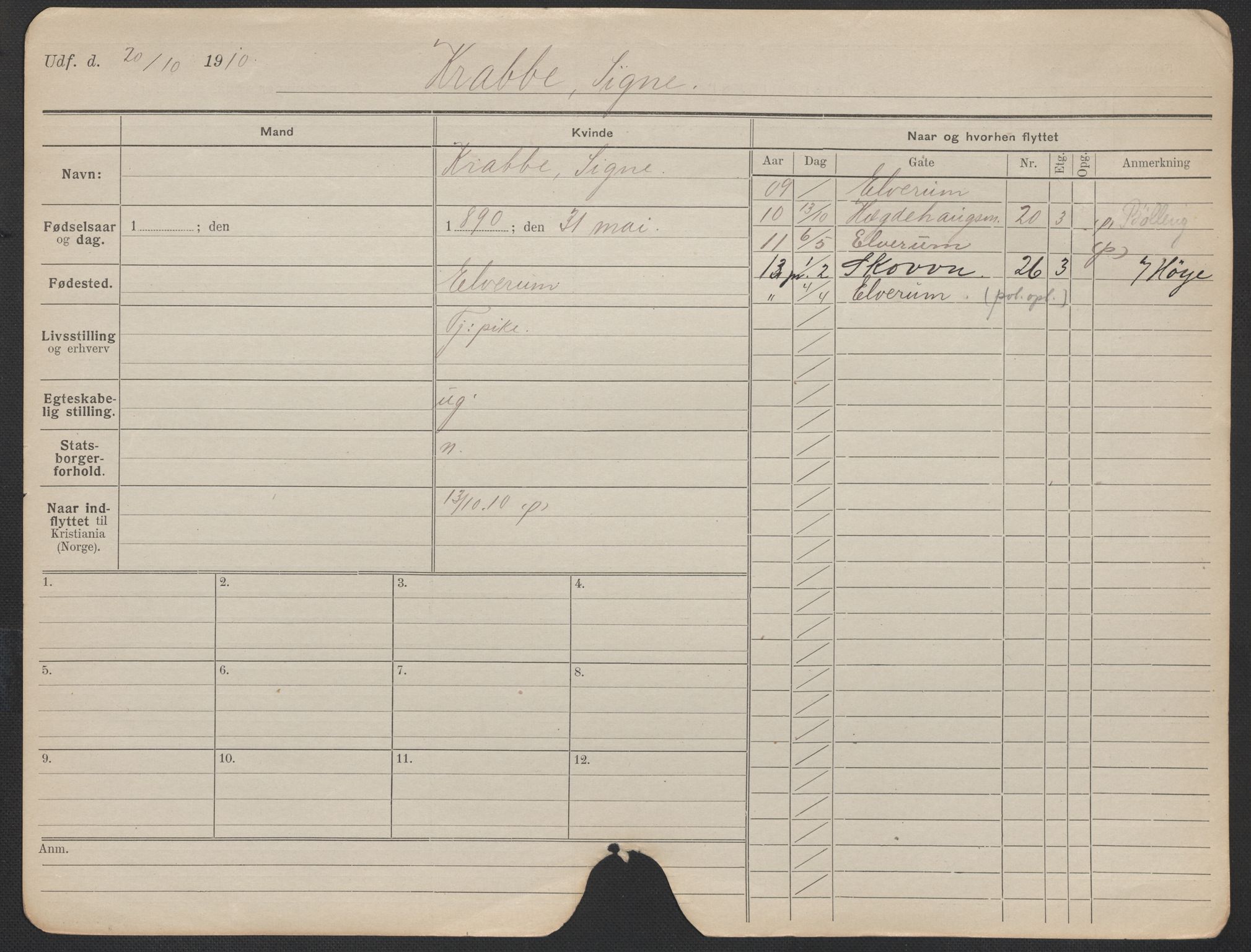 Oslo folkeregister, Registerkort, SAO/A-11715/F/Fa/Fac/L0019: Kvinner, 1906-1914, p. 76a