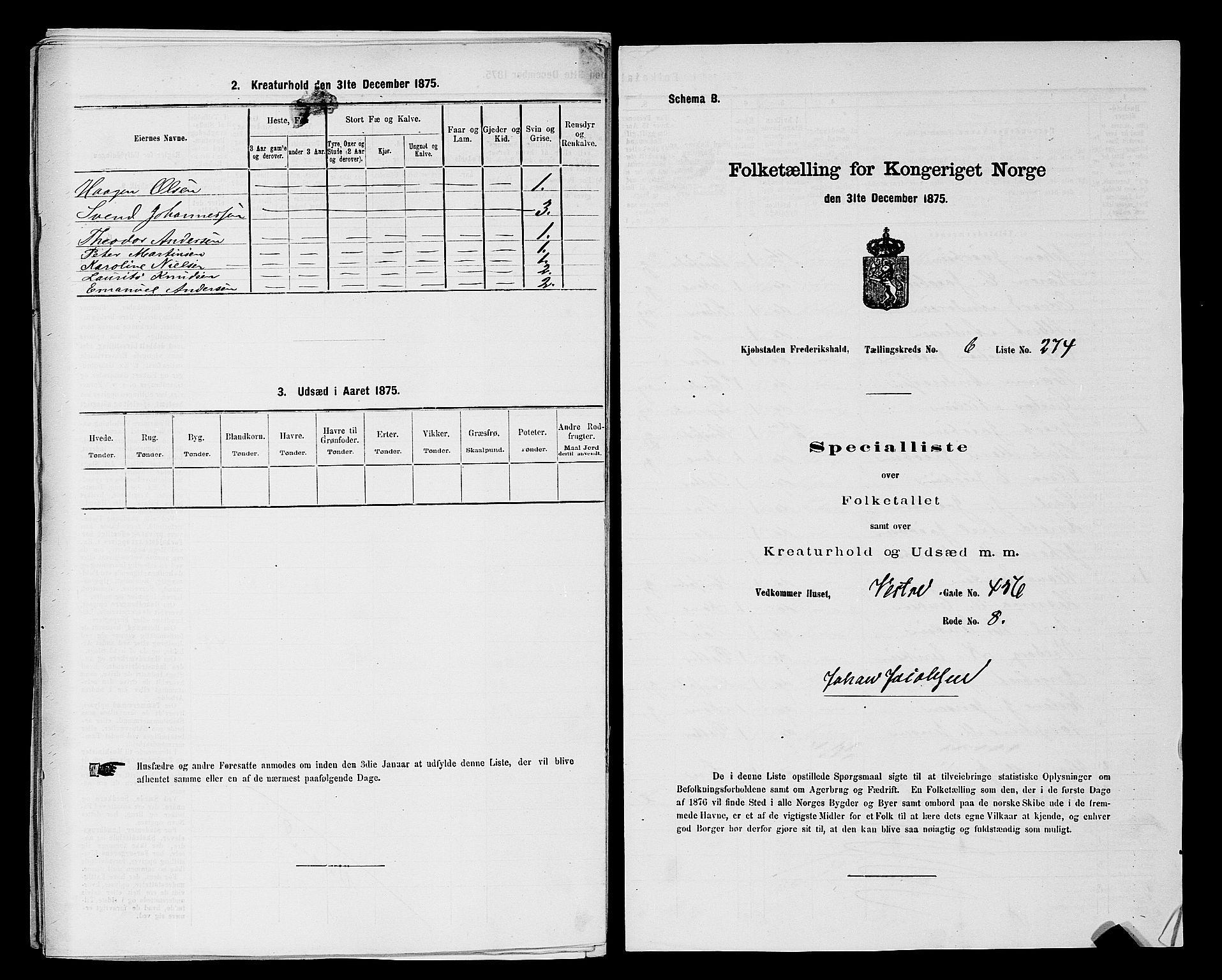 RA, 1875 census for 0101P Fredrikshald, 1875, p. 833