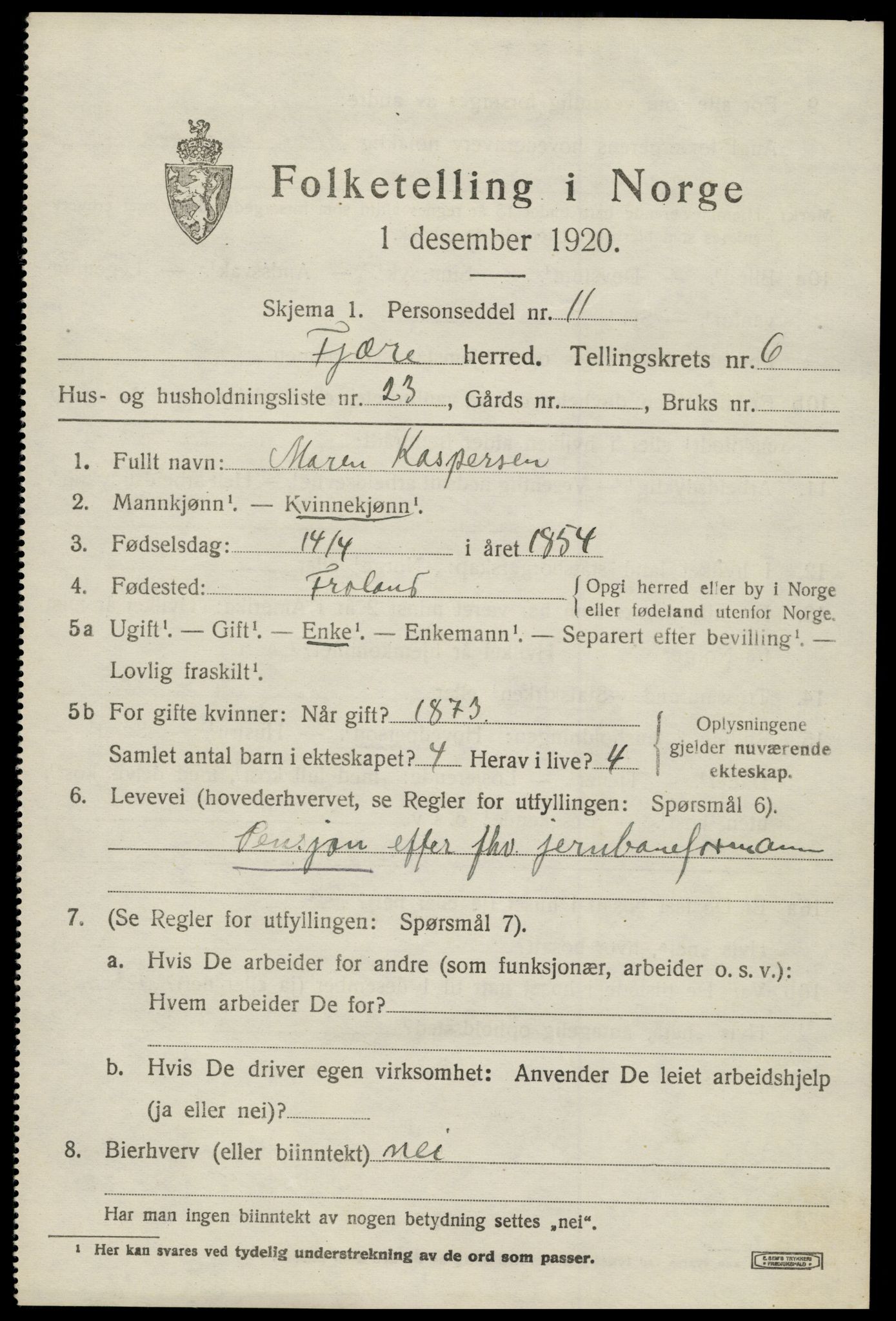 SAK, 1920 census for Fjære, 1920, p. 8499