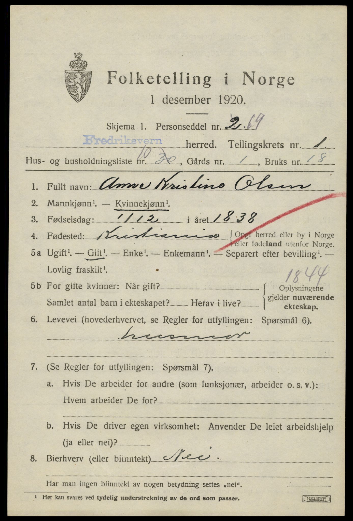 SAKO, 1920 census for Fredriksvern, 1920, p. 587