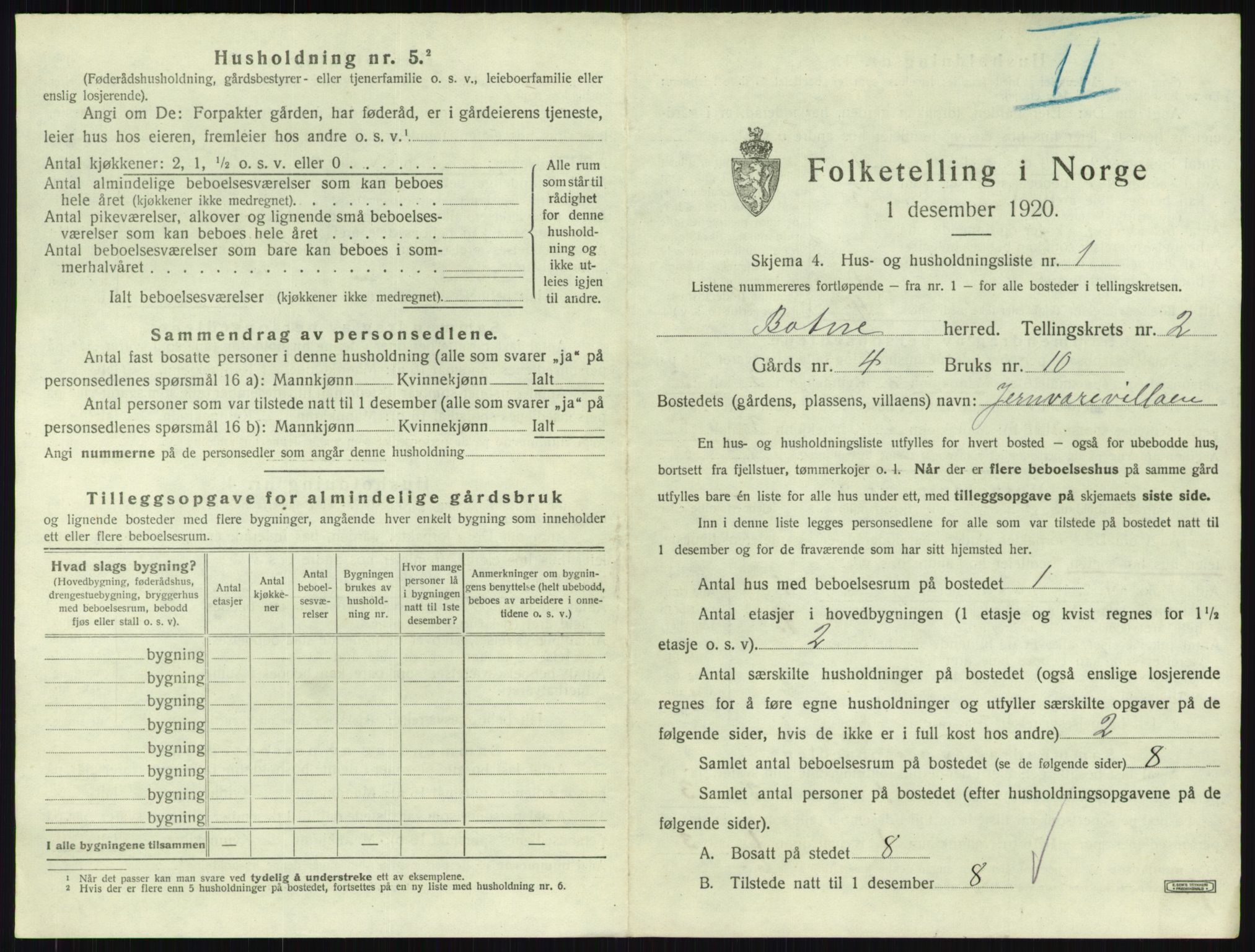 SAKO, 1920 census for Botne, 1920, p. 254