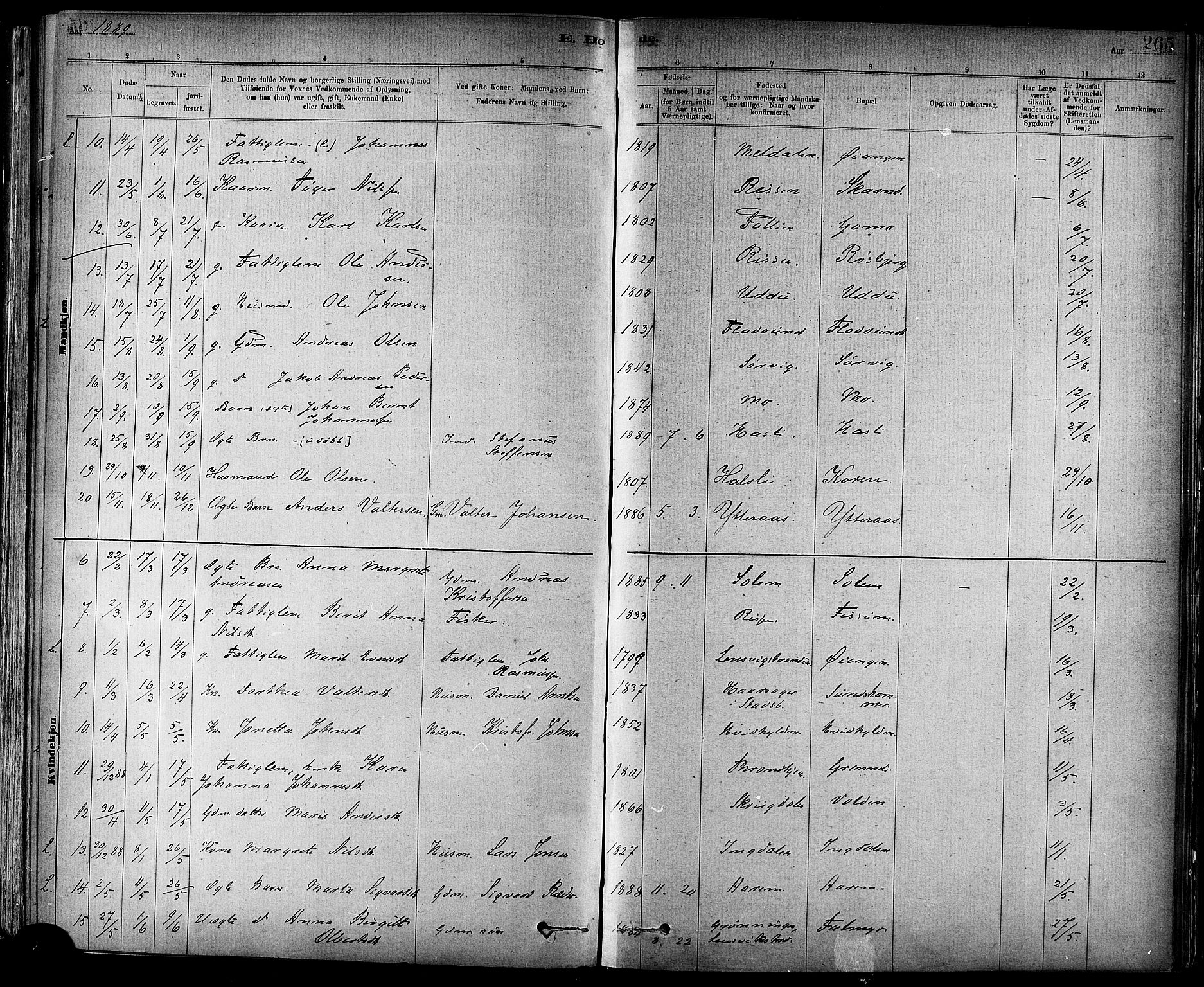 Ministerialprotokoller, klokkerbøker og fødselsregistre - Sør-Trøndelag, AV/SAT-A-1456/647/L0634: Parish register (official) no. 647A01, 1885-1896, p. 265