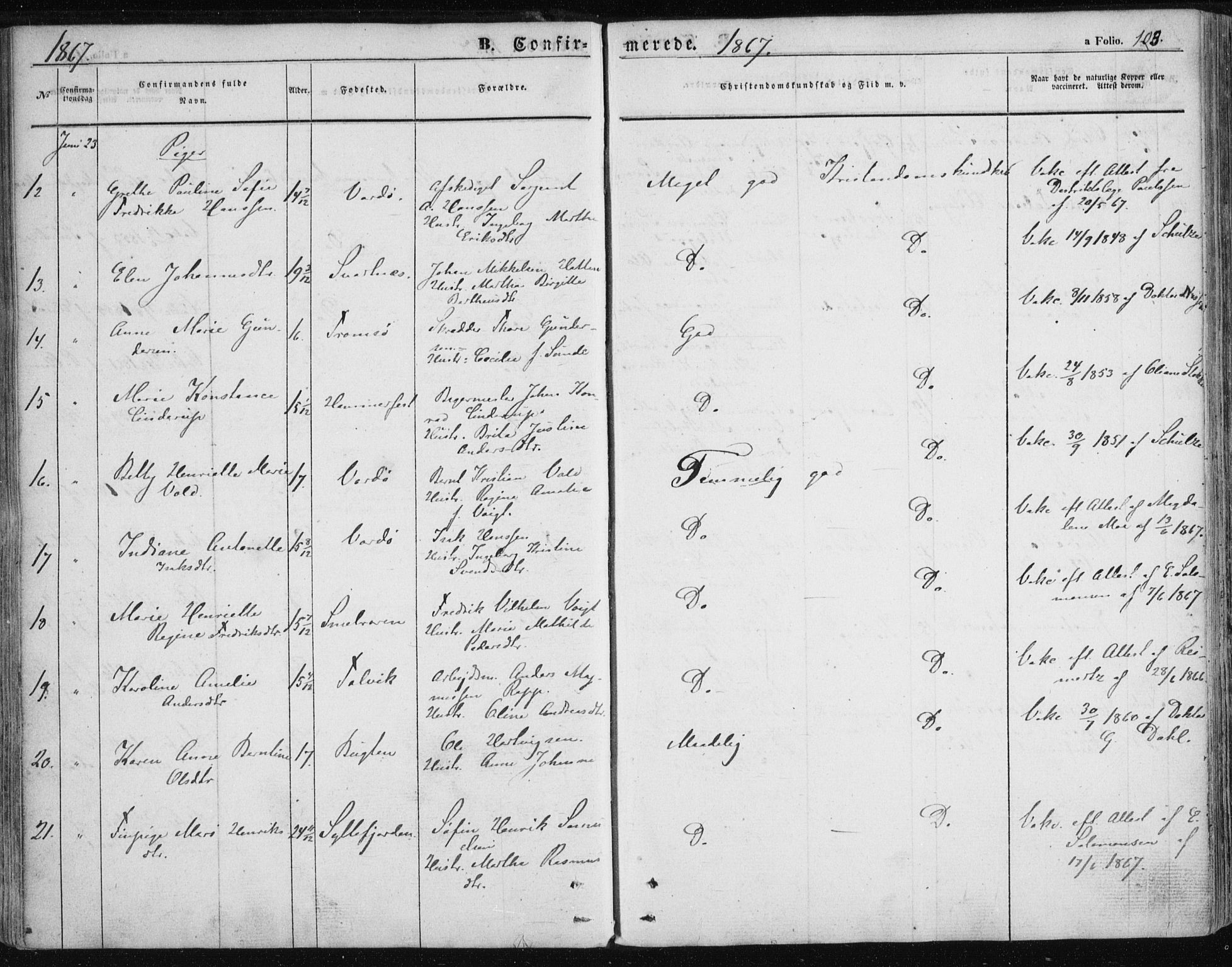 Vardø sokneprestkontor, SATØ/S-1332/H/Ha/L0004kirke: Parish register (official) no. 4, 1862-1871, p. 103