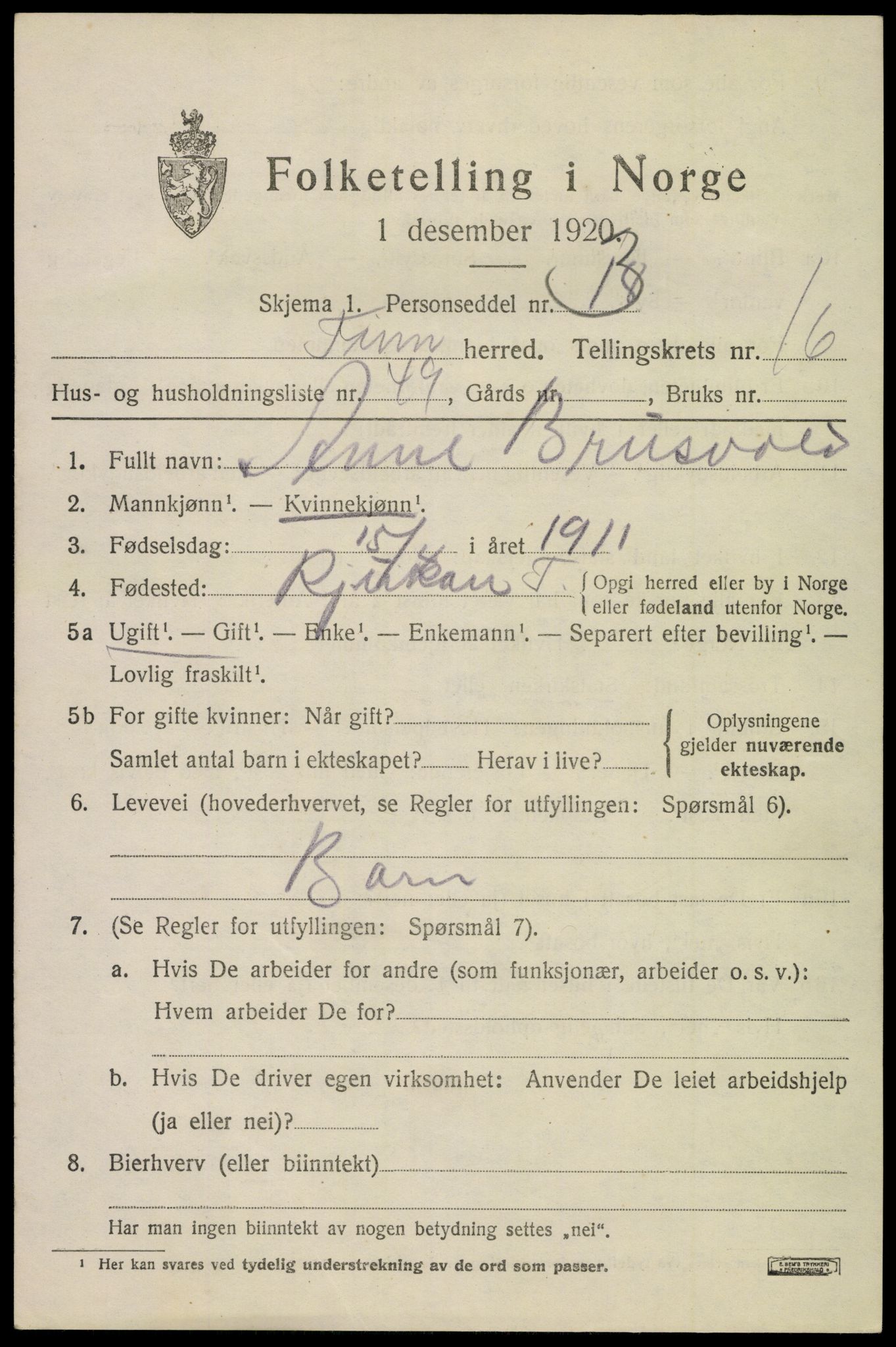 SAKO, 1920 census for Tinn, 1920, p. 17724