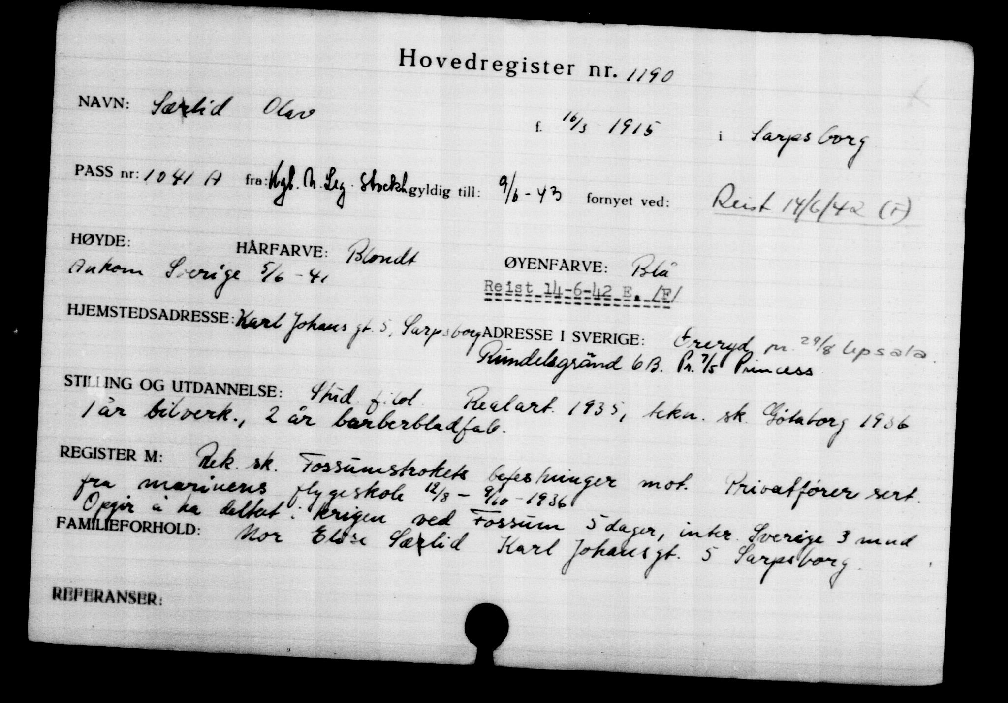 Utenriksstasjonene, Legasjonen i Stockholm, Flyktningkontoret, AV/RA-S-6753/V/Va/L0002: Kjesäterkartoteket, flyktninger med registreringsnr. 1001-2000, 1940-1945, p. 287