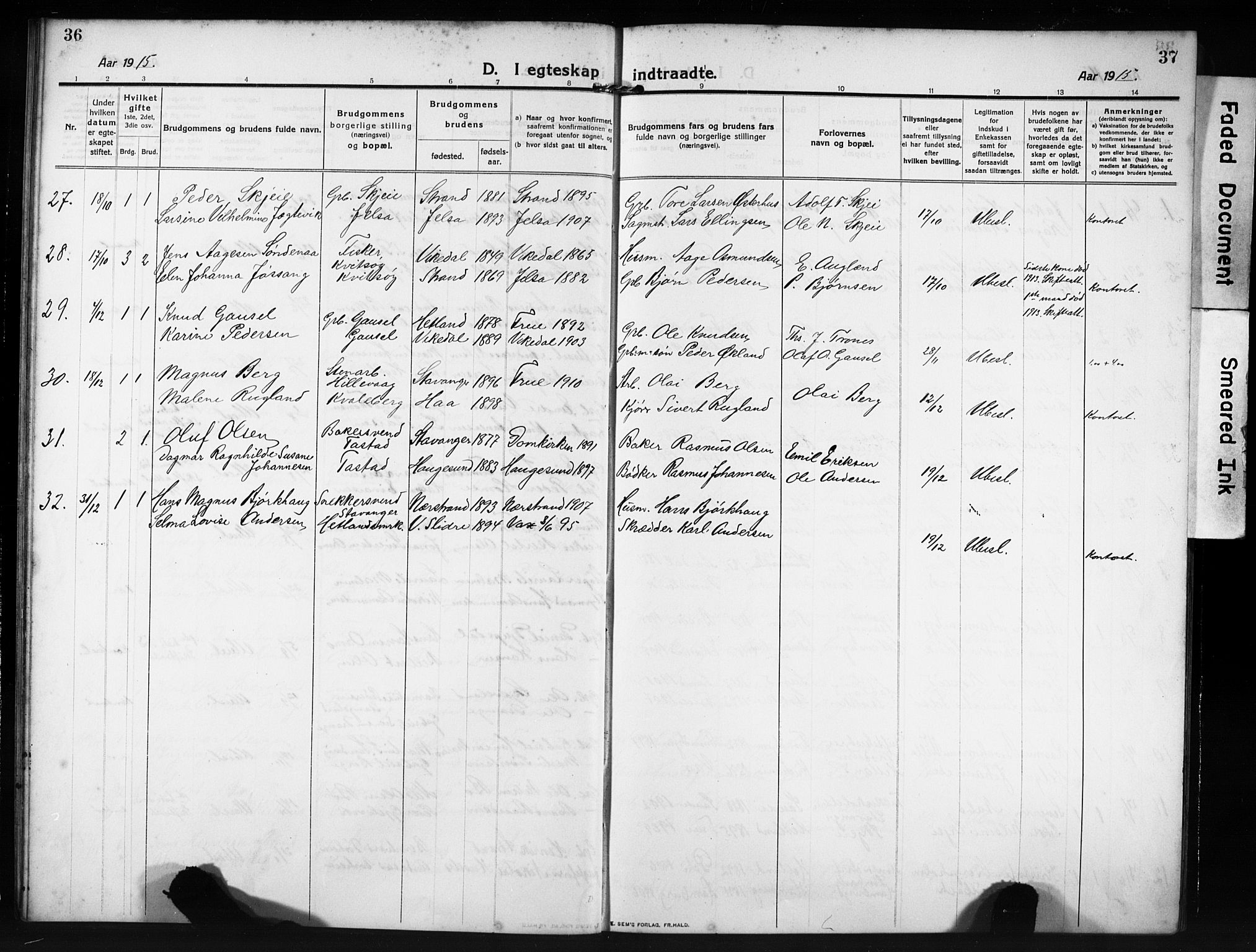 Hetland sokneprestkontor, SAST/A-101826/30/30BB/L0009: Parish register (copy) no. B 9, 1910-1931, p. 36-37