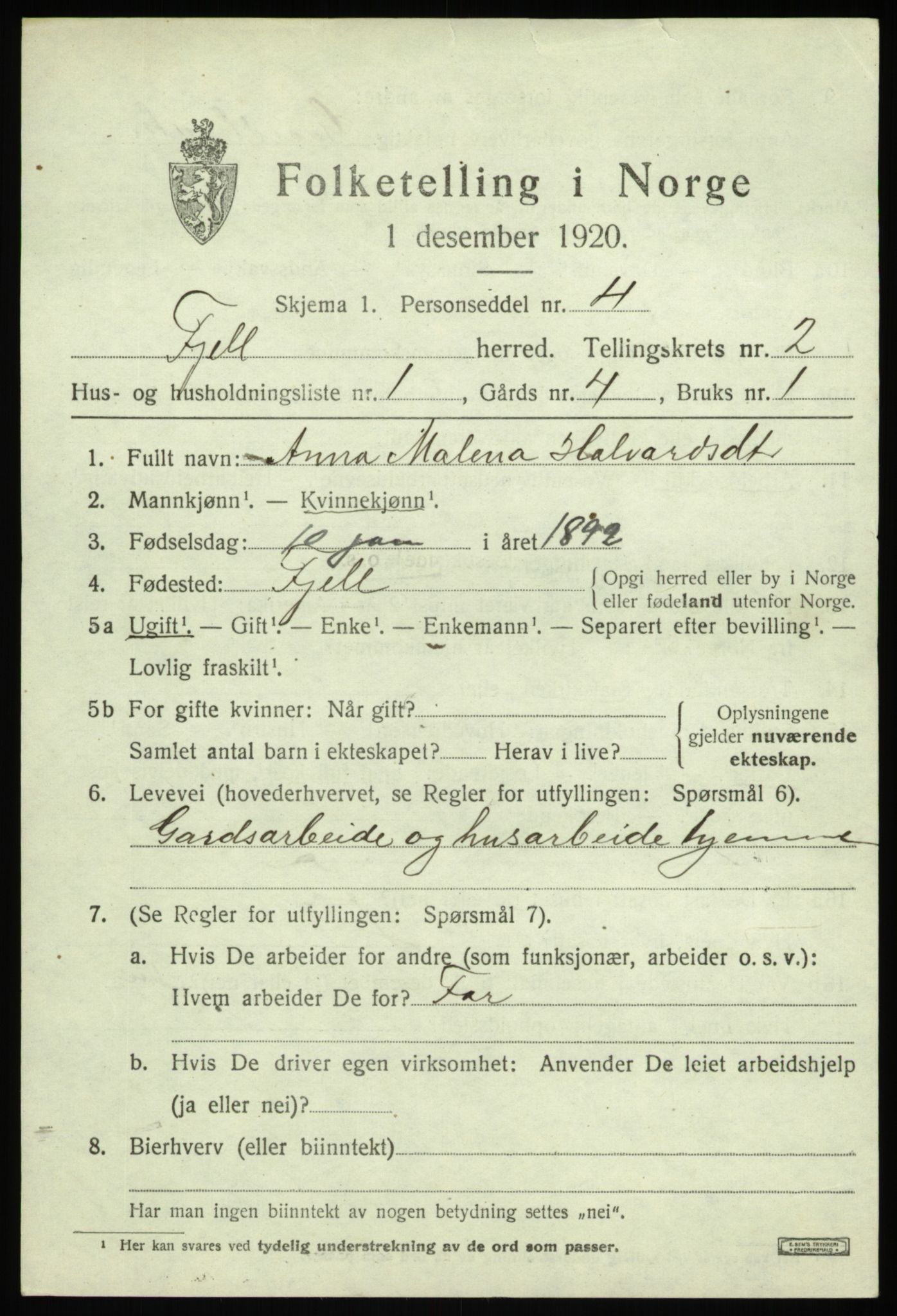 SAB, 1920 census for Fjell, 1920, p. 2258