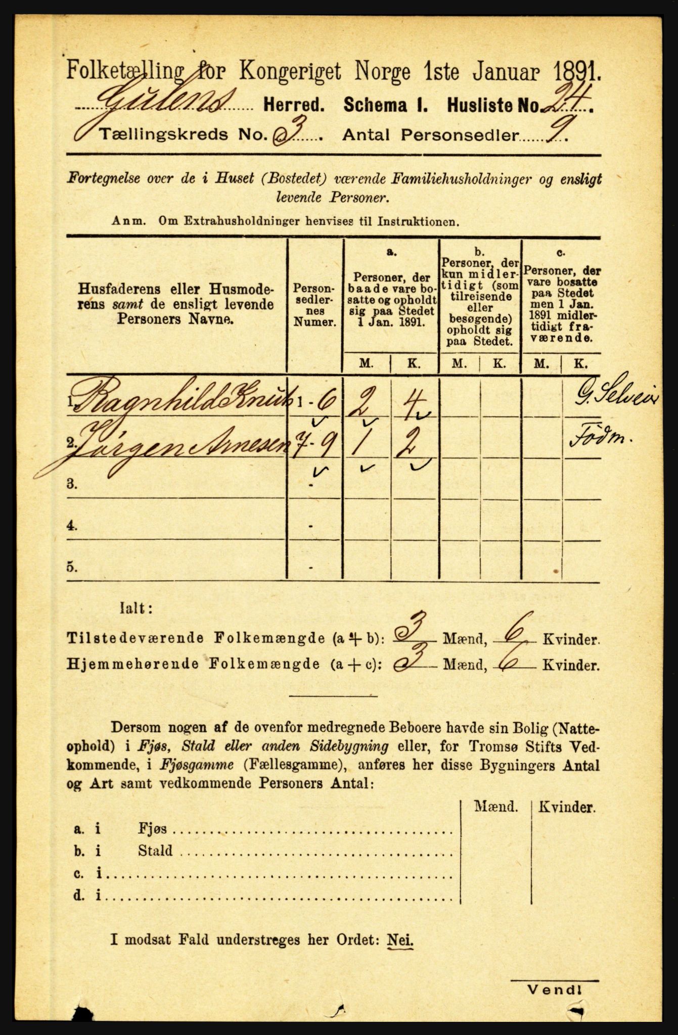 RA, 1891 census for 1411 Gulen, 1891, p. 871