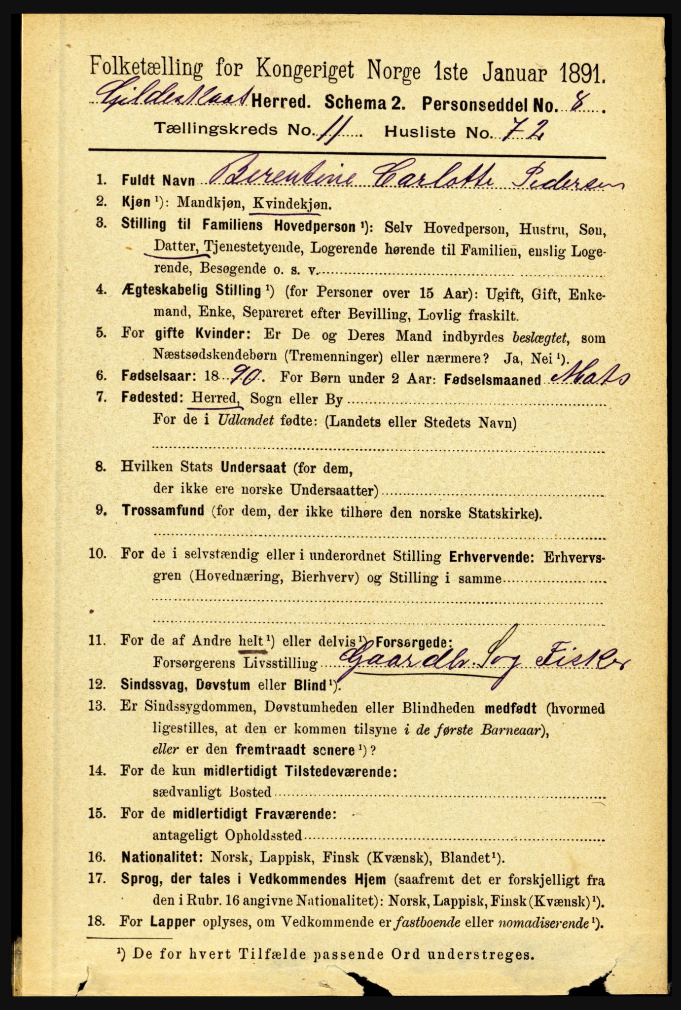 RA, 1891 census for 1838 Gildeskål, 1891, p. 3640