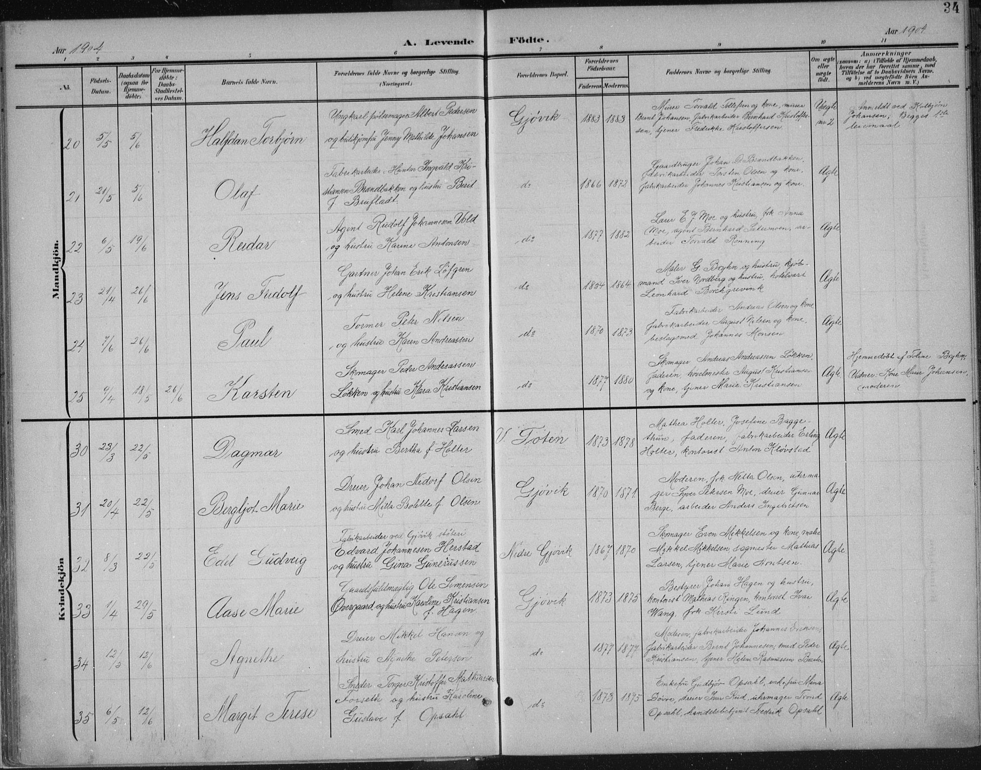 Vardal prestekontor, AV/SAH-PREST-100/H/Ha/Haa/L0013: Parish register (official) no. 13, 1901-1911, p. 34