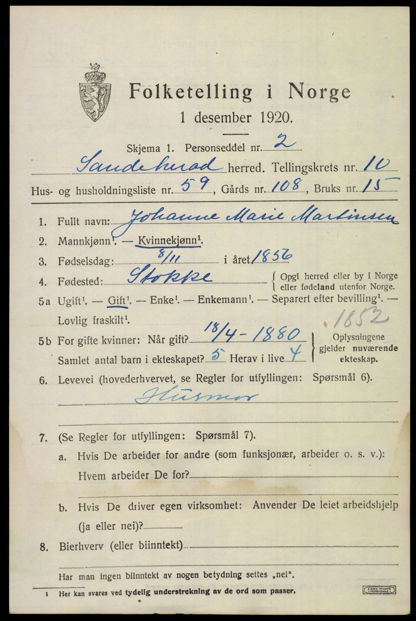 SAKO, 1920 census for Sandeherred, 1920, p. 15268