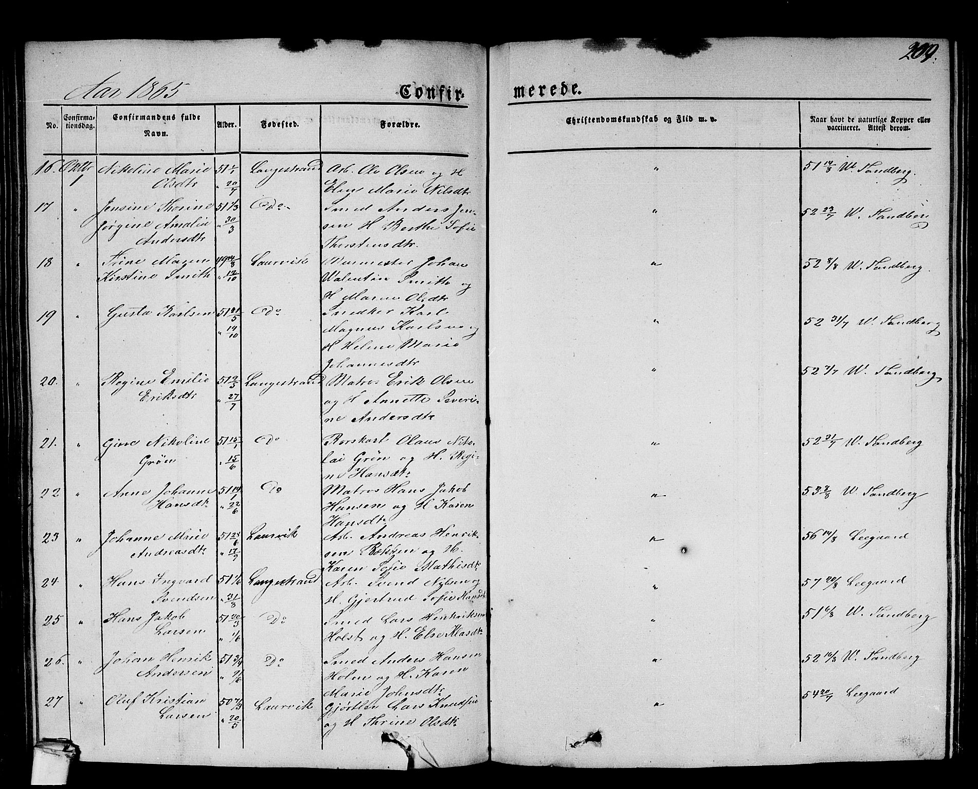 Larvik kirkebøker, AV/SAKO-A-352/G/Gb/L0002: Parish register (copy) no. II 2, 1843-1866, p. 209