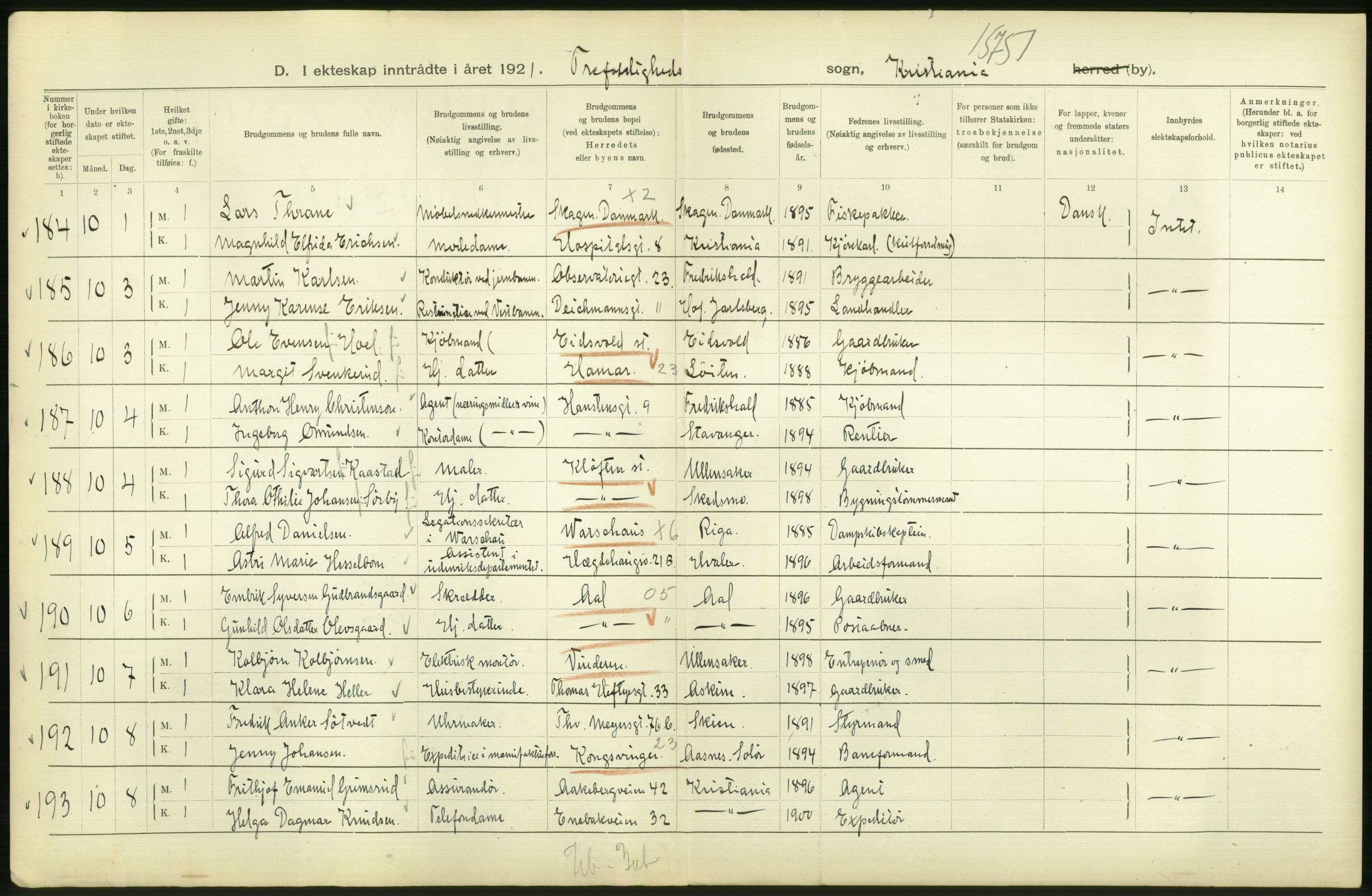 Statistisk sentralbyrå, Sosiodemografiske emner, Befolkning, AV/RA-S-2228/D/Df/Dfc/Dfca/L0011: Kristiania: Gifte, 1921, p. 46