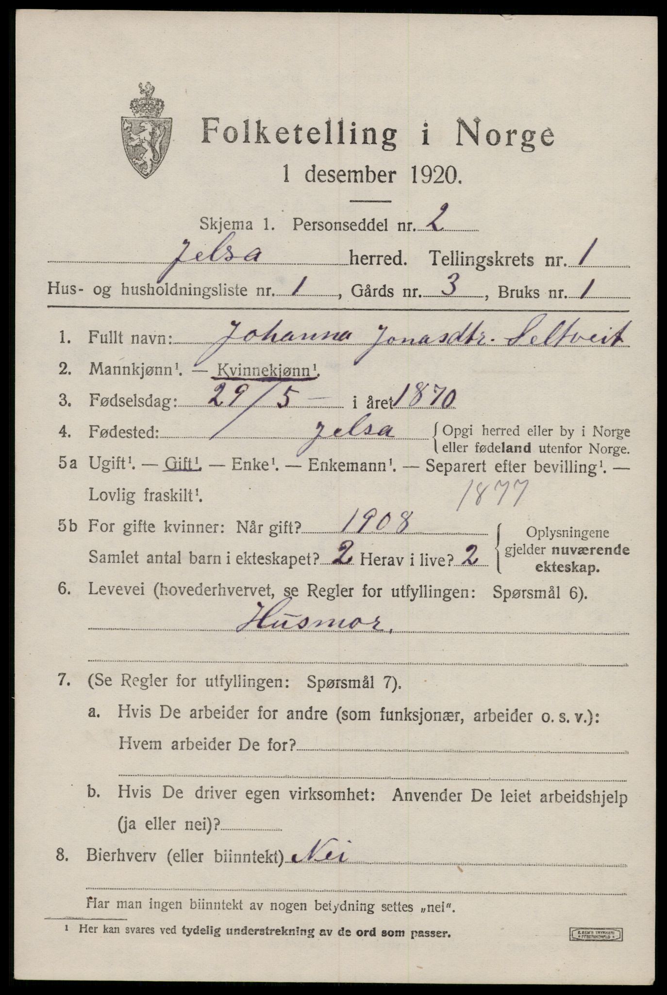 SAST, 1920 census for Jelsa, 1920, p. 668