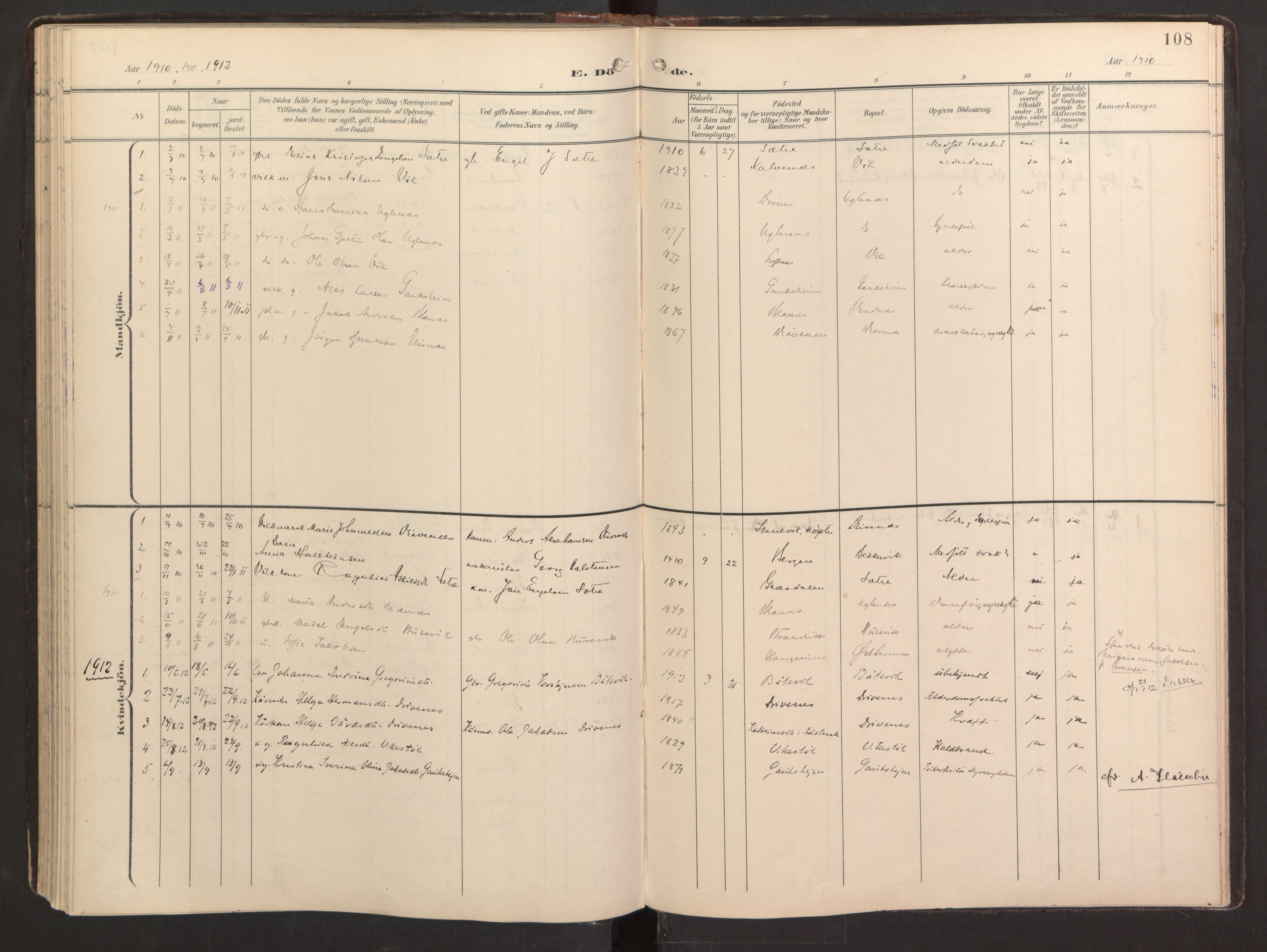Fitjar sokneprestembete, SAB/A-99926: Parish register (official) no. B 1, 1900-1926, p. 108