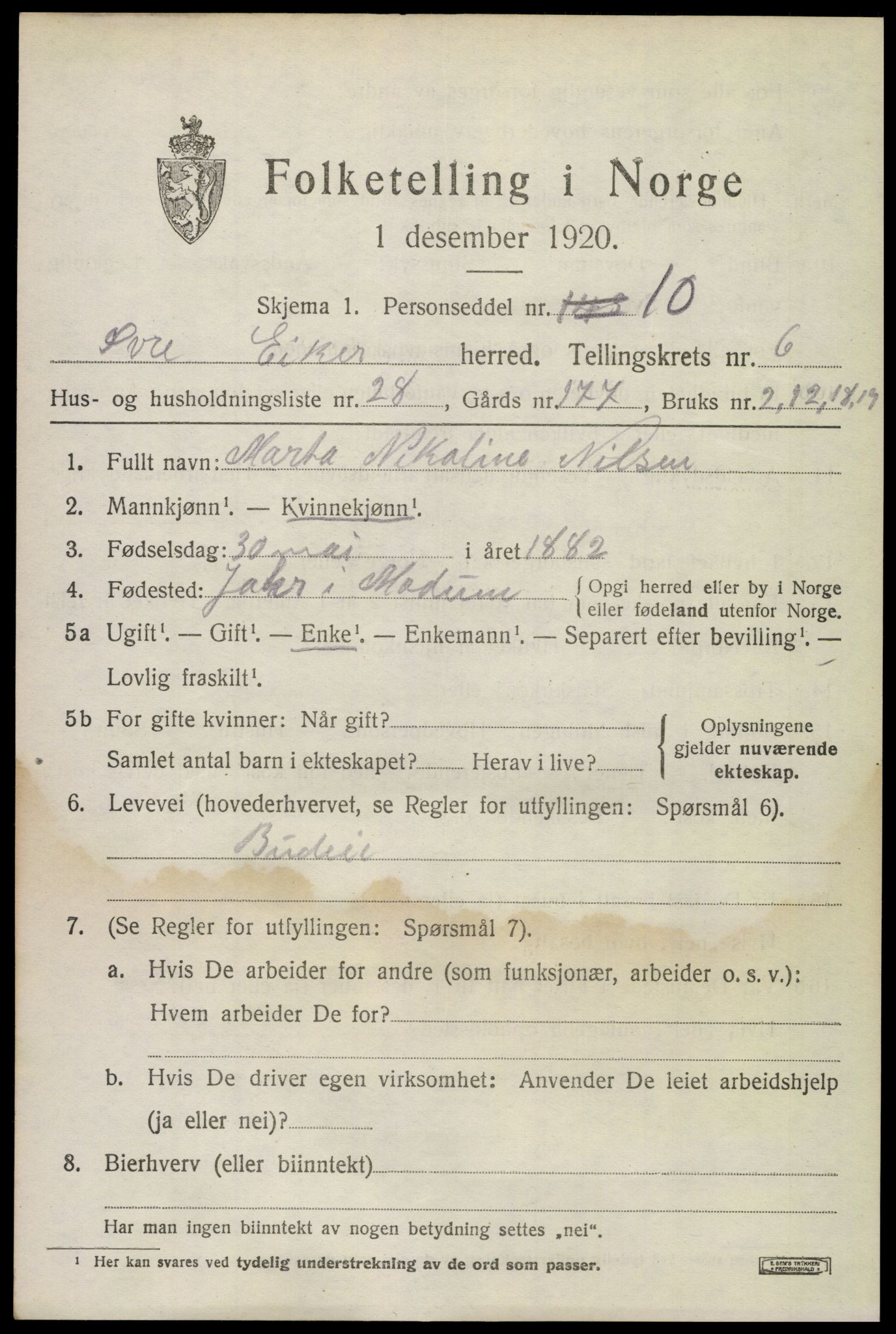 SAKO, 1920 census for Øvre Eiker, 1920, p. 13056