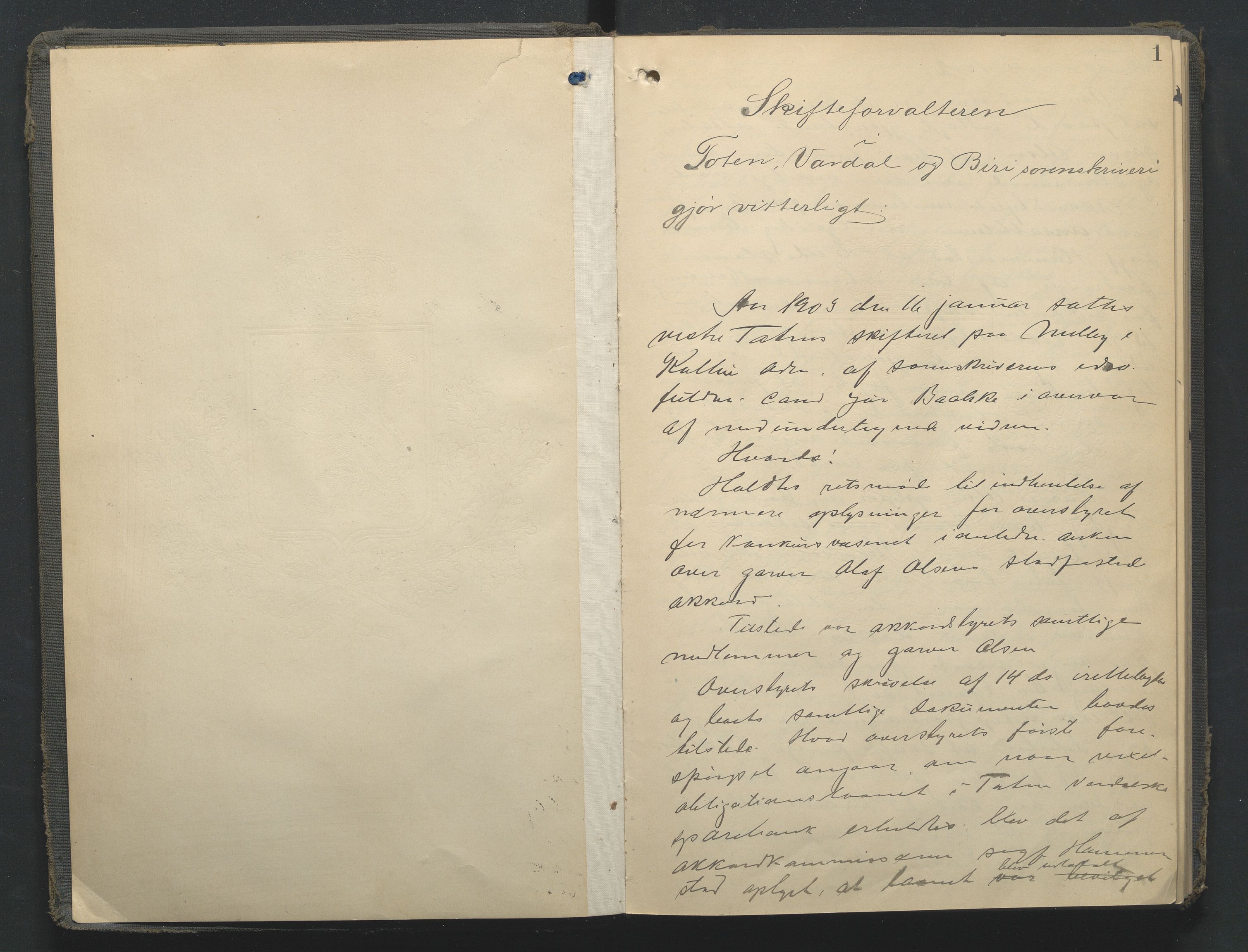 Toten tingrett, AV/SAH-TING-006/J/Jf/L0008: Skifteregistreringsprotokoll - Vestre Toten, 1903-1911, p. 1