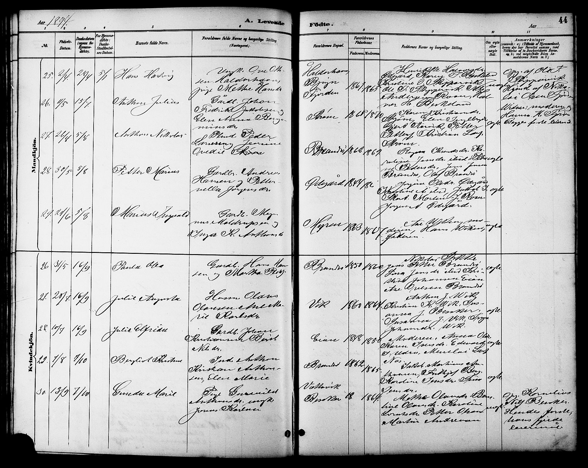Ministerialprotokoller, klokkerbøker og fødselsregistre - Sør-Trøndelag, AV/SAT-A-1456/657/L0716: Parish register (copy) no. 657C03, 1889-1904, p. 44