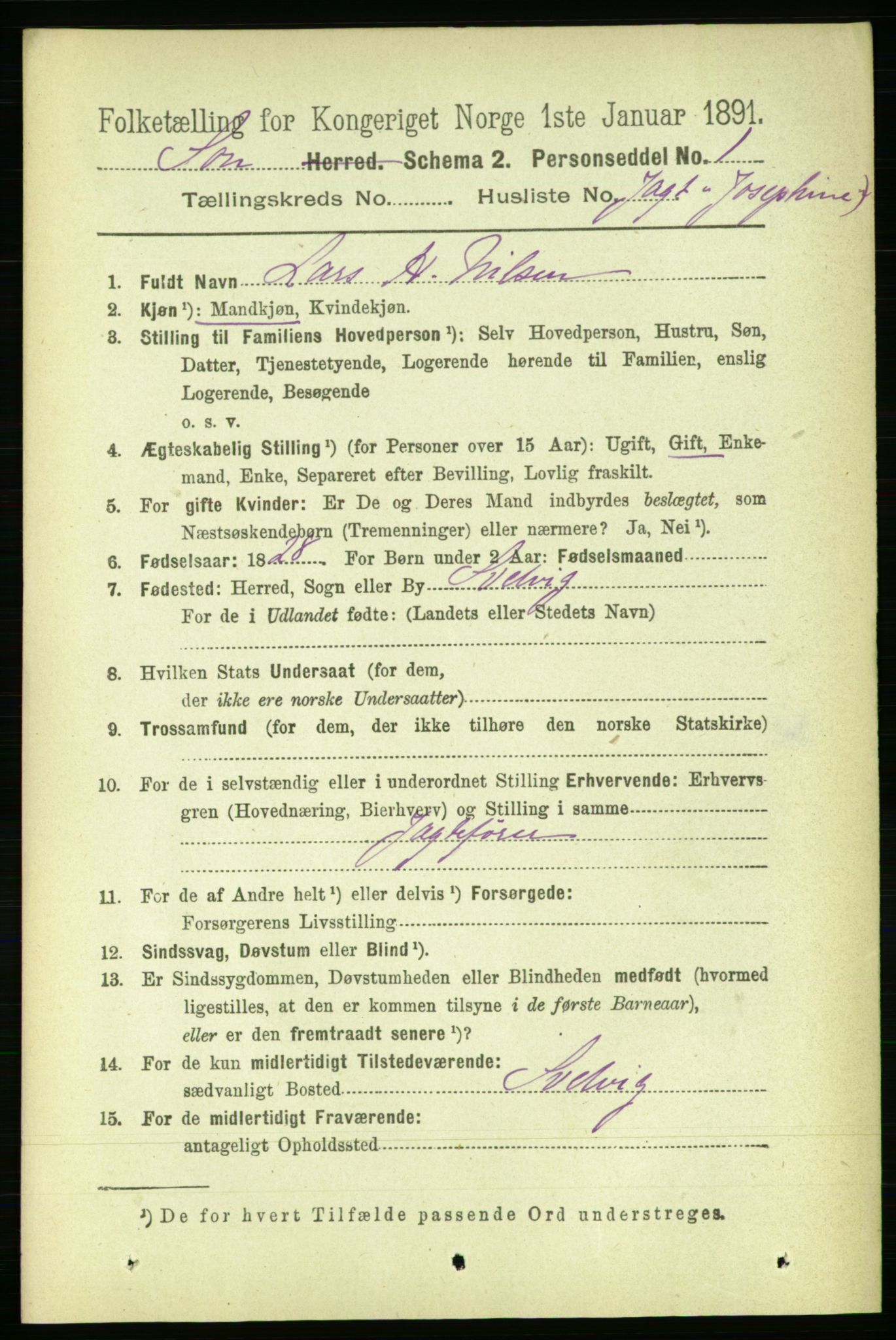 RA, 1891 census for 0201 Son, 1891, p. 834