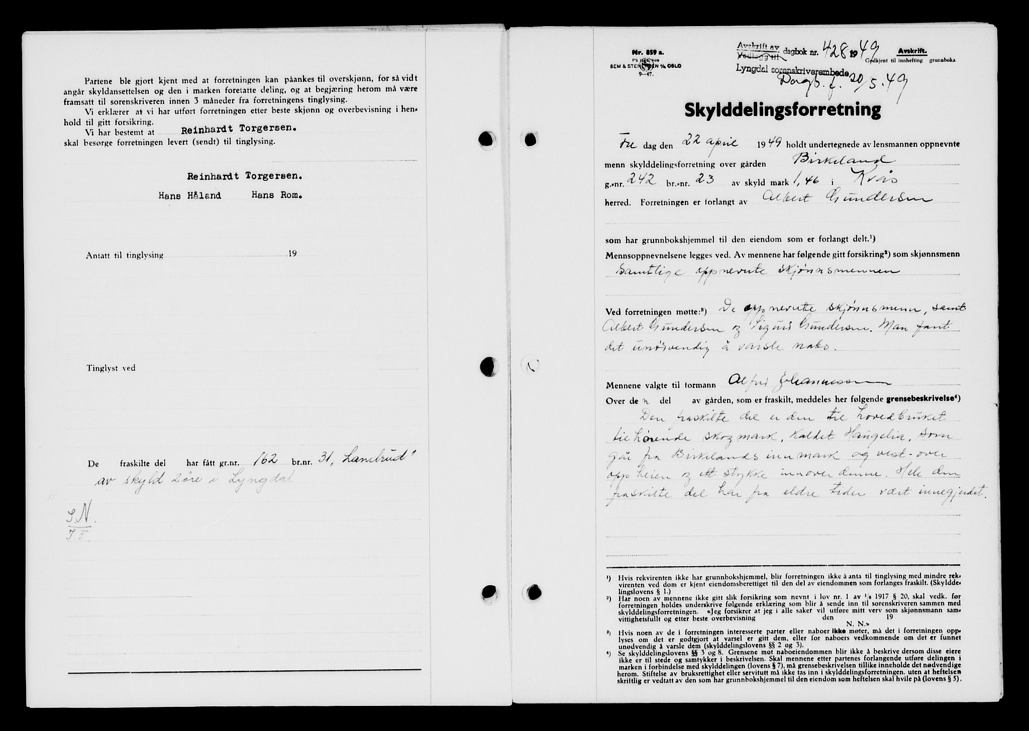 Lyngdal sorenskriveri, AV/SAK-1221-0004/G/Gb/L0663: Mortgage book no. A IX, 1948-1949, Diary no: : 428/1949