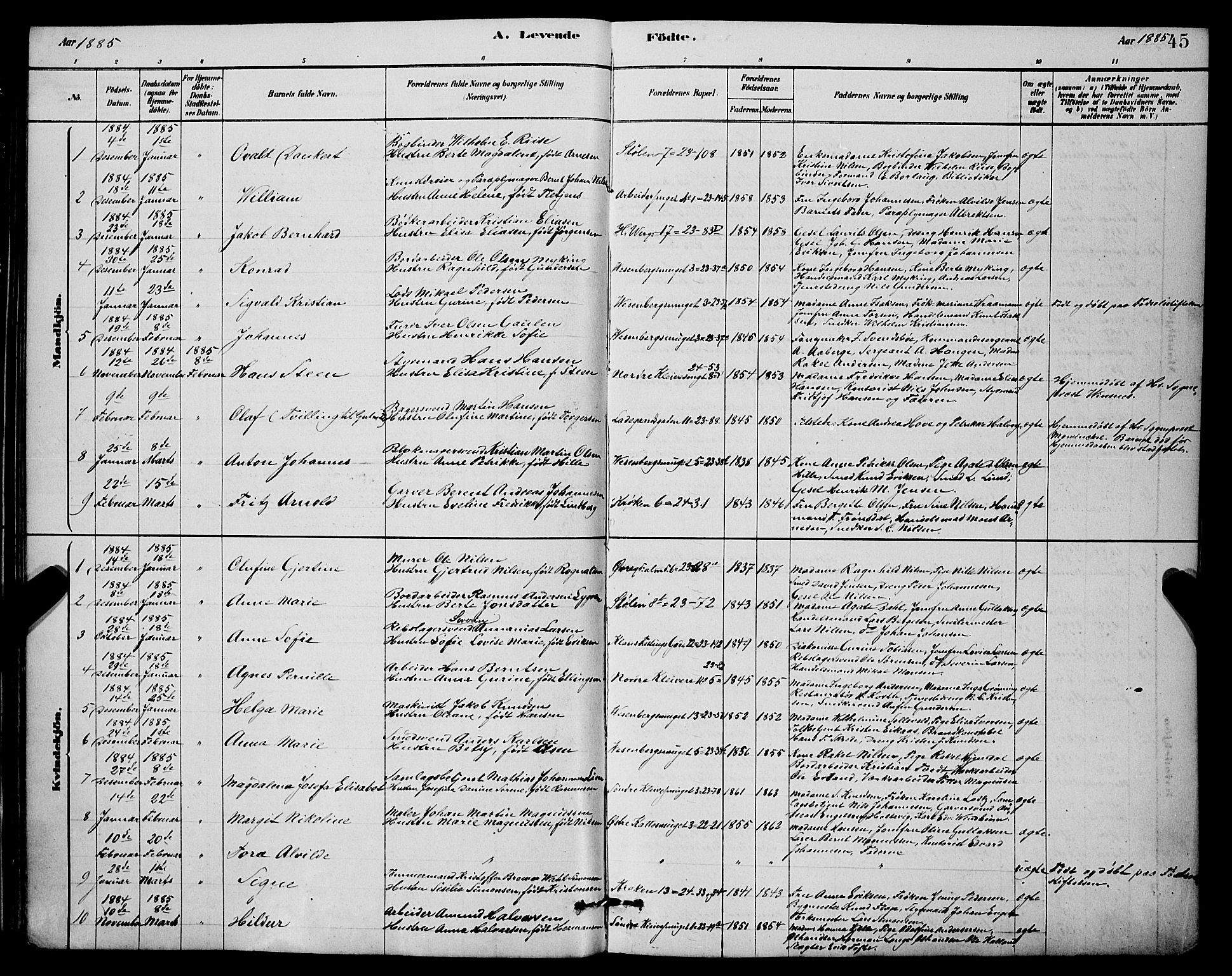 Mariakirken Sokneprestembete, SAB/A-76901/H/Hab/L0004: Parish register (copy) no. A 4, 1878-1892, p. 45
