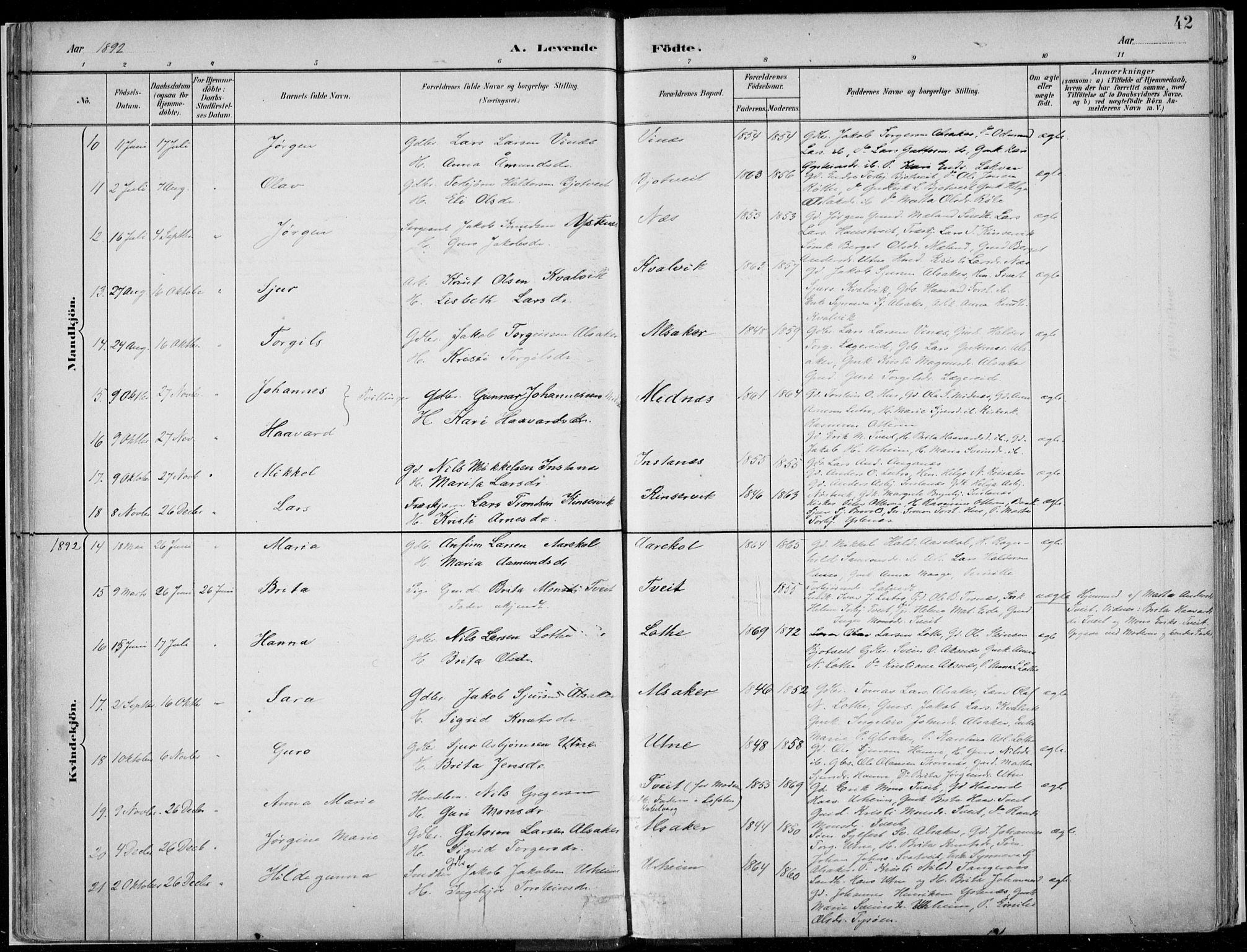 Ullensvang sokneprestembete, SAB/A-78701/H/Haa: Parish register (official) no. E  1, 1882-1921, p. 42