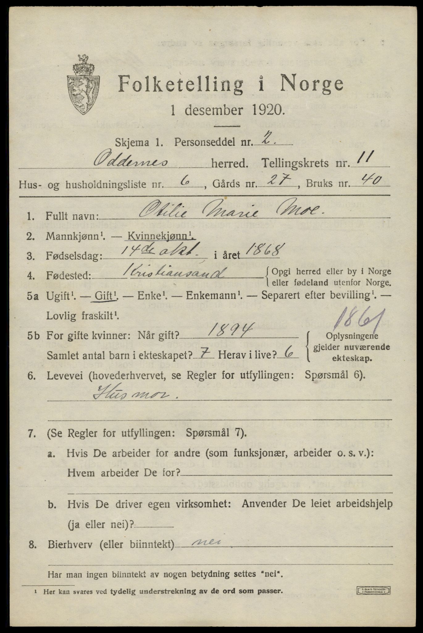 SAK, 1920 census for Oddernes, 1920, p. 7107