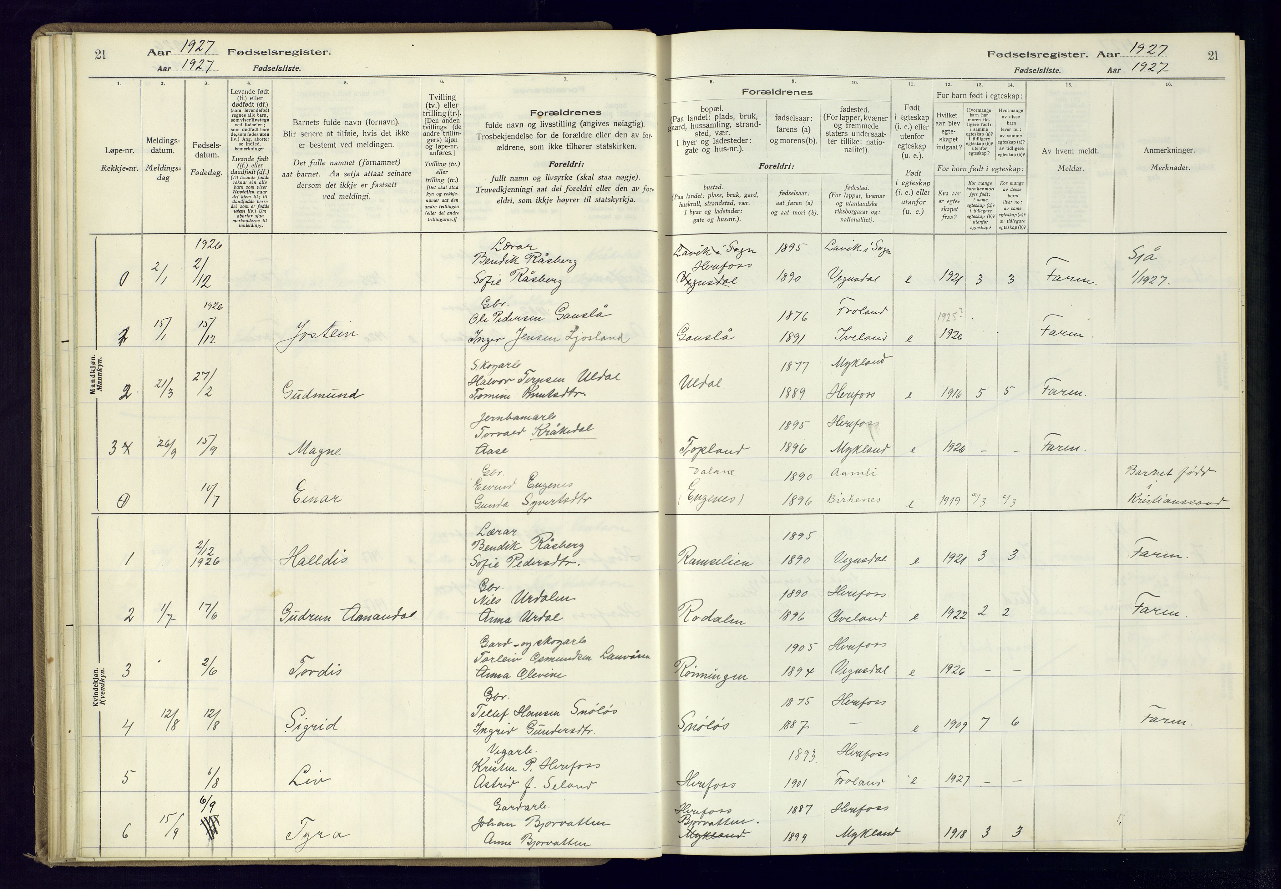 Herefoss sokneprestkontor, AV/SAK-1111-0019/J/Ja/L0001: Birth register no. II.6.10, 1916-1982, p. 21