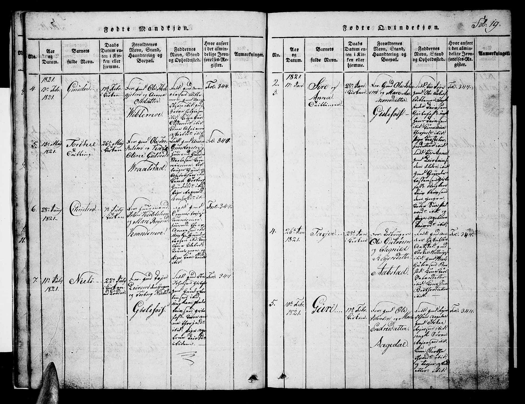 Nord-Audnedal sokneprestkontor, AV/SAK-1111-0032/F/Fb/Fba/L0001: Parish register (copy) no. B 1, 1815-1856, p. 19