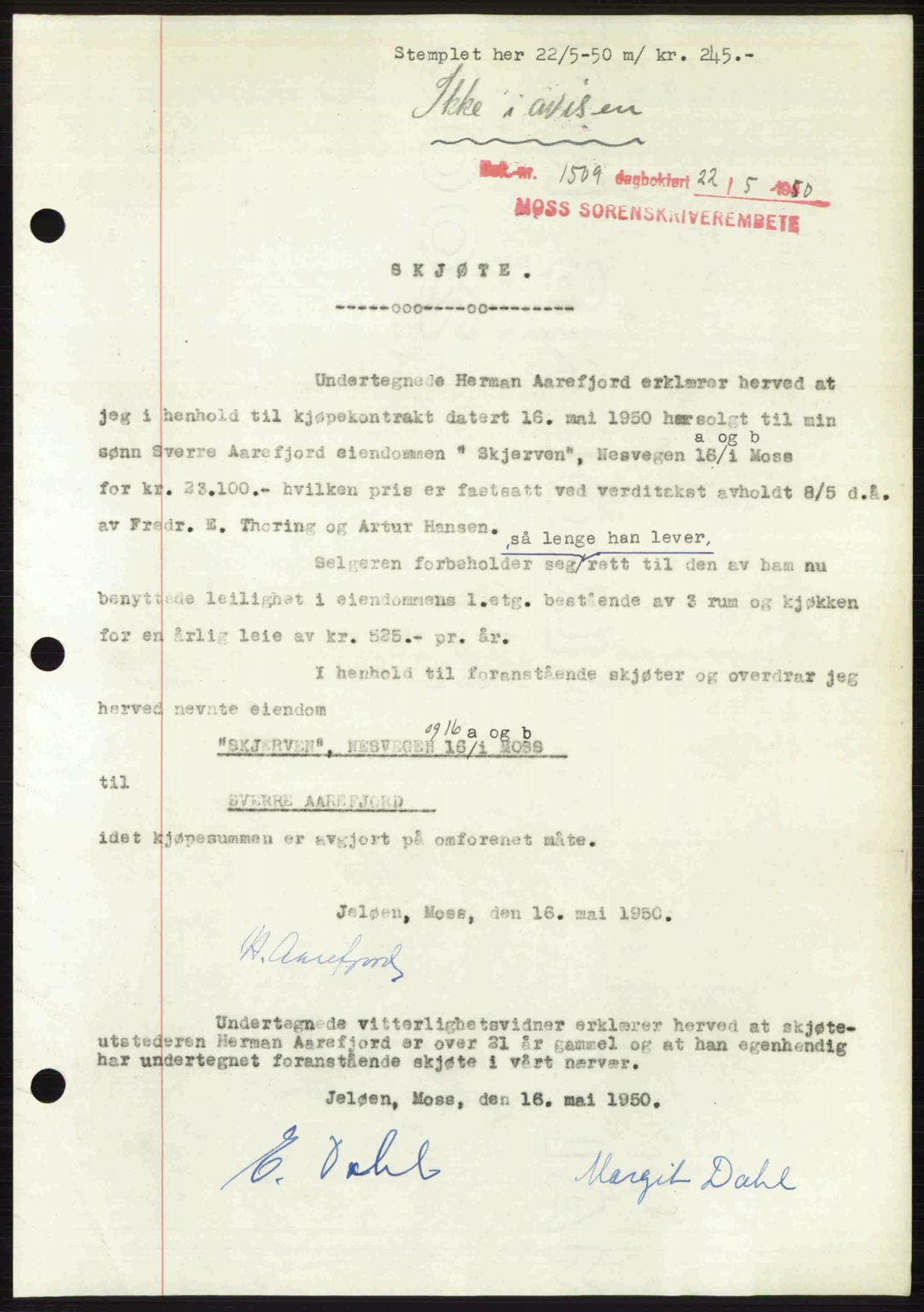 Moss sorenskriveri, AV/SAO-A-10168: Mortgage book no. A26, 1950-1950, Diary no: : 1509/1950