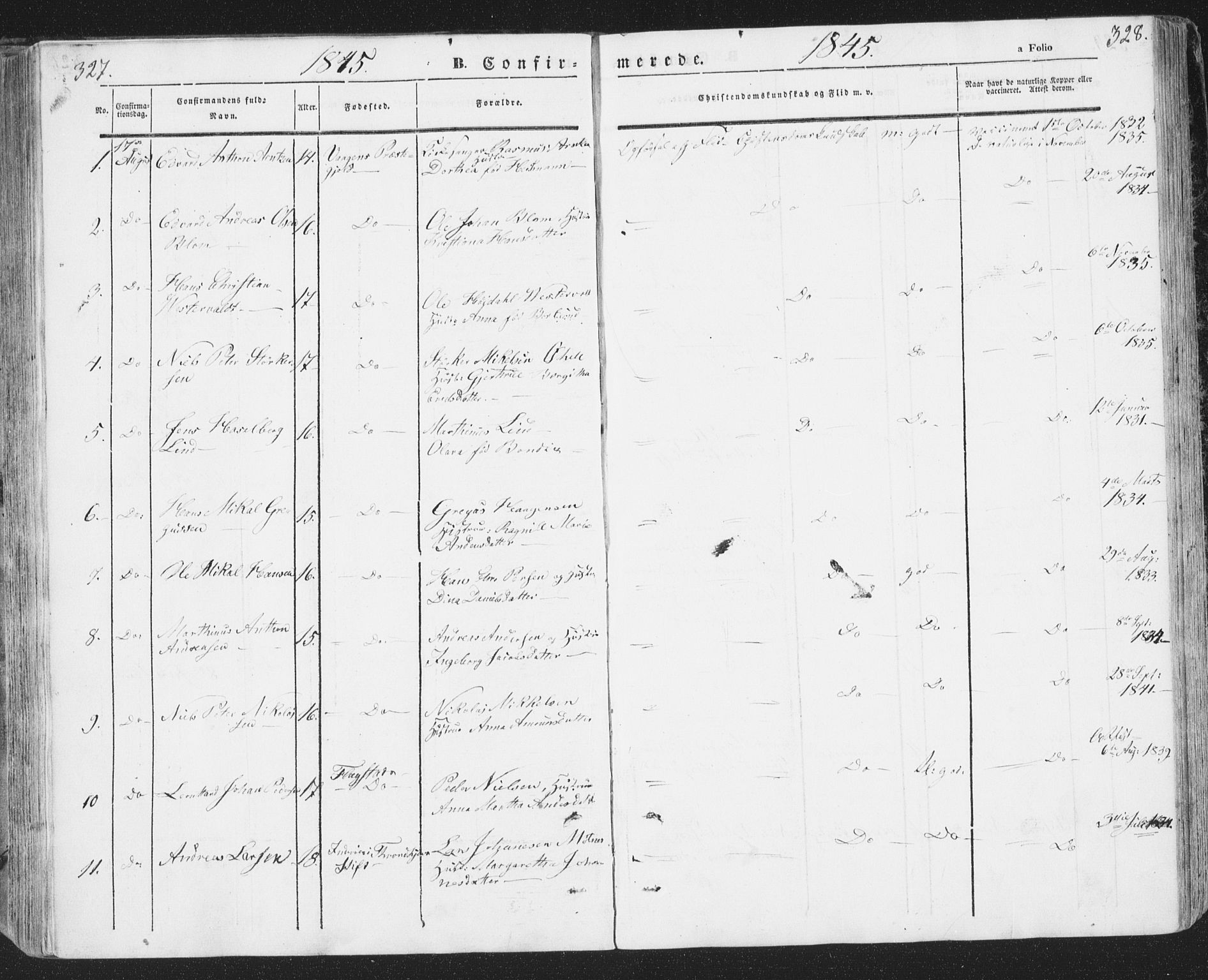 Ministerialprotokoller, klokkerbøker og fødselsregistre - Nordland, SAT/A-1459/874/L1072: Parish register (copy) no. 874C01, 1843-1859, p. 327-328