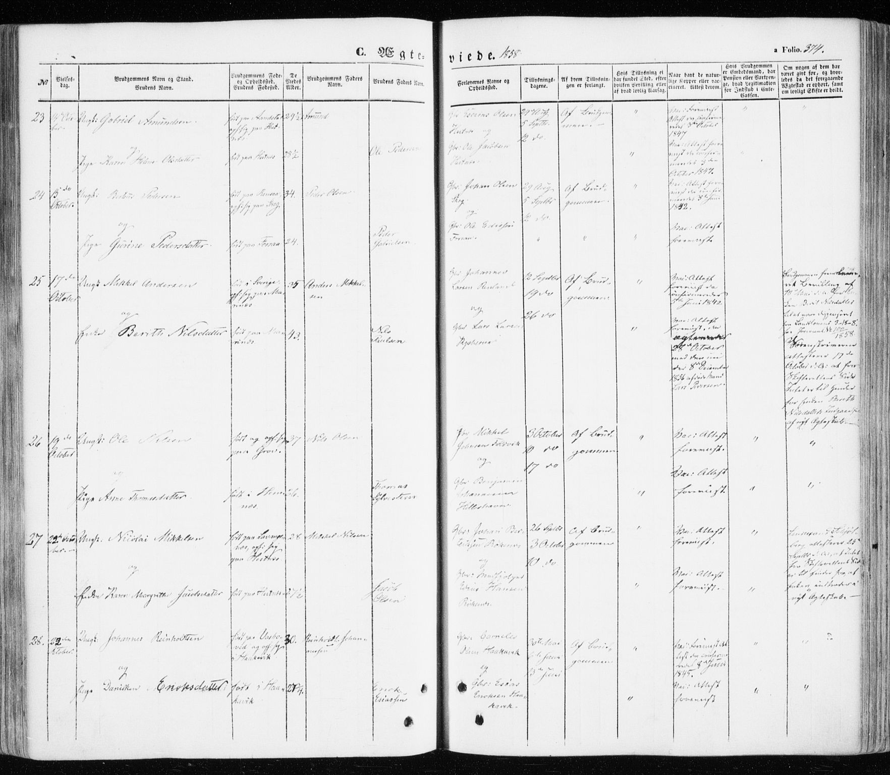 Ibestad sokneprestembete, SATØ/S-0077/H/Ha/Haa/L0008kirke: Parish register (official) no. 8, 1850-1859, p. 374