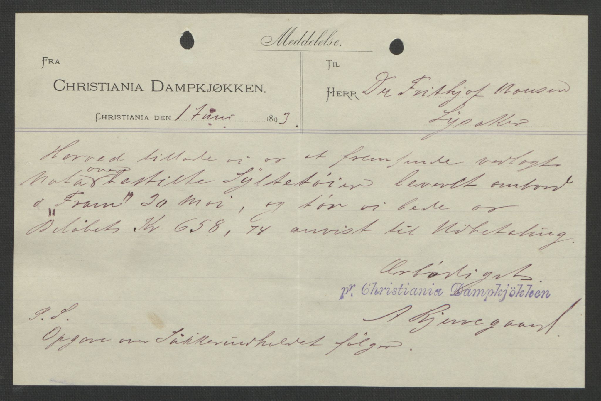 Arbeidskomitéen for Fridtjof Nansens polarekspedisjon, AV/RA-PA-0061/D/L0004: Innk. brev og telegrammer vedr. proviant og utrustning, 1892-1893, p. 643