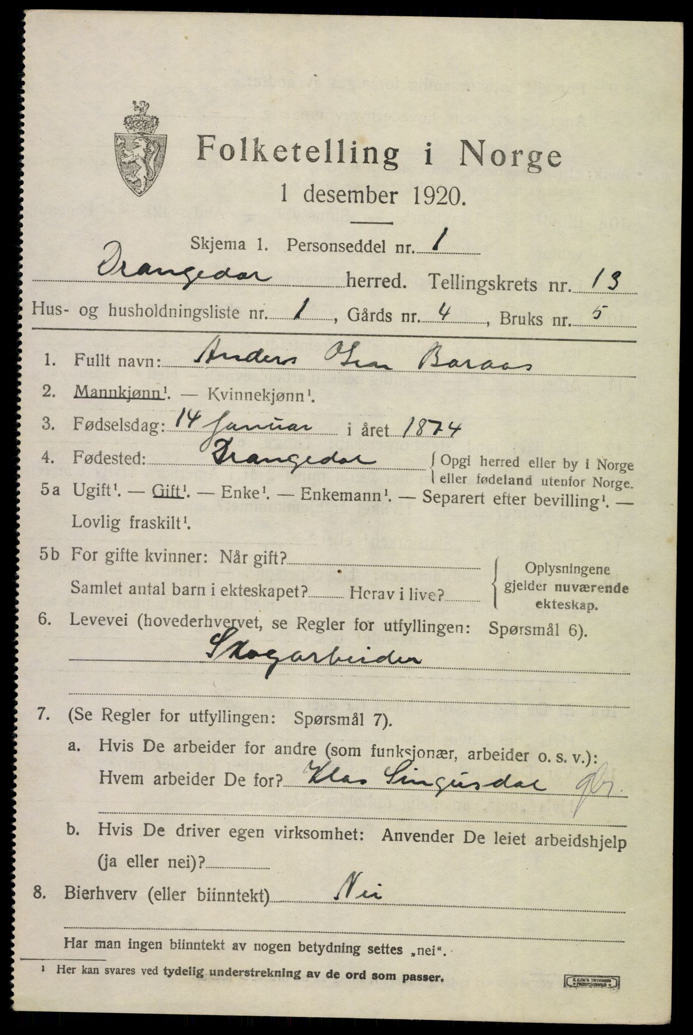 SAKO, 1920 census for Drangedal, 1920, p. 7283