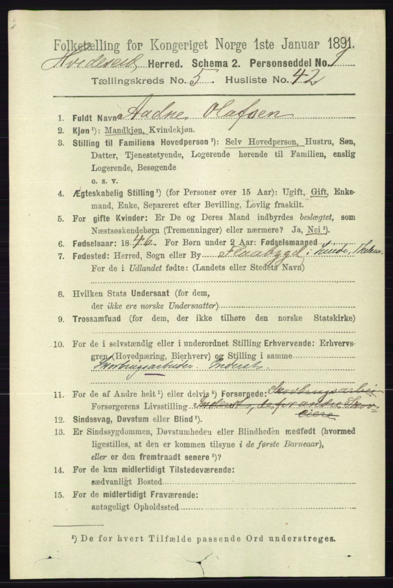 RA, 1891 census for 0829 Kviteseid, 1891, p. 1123