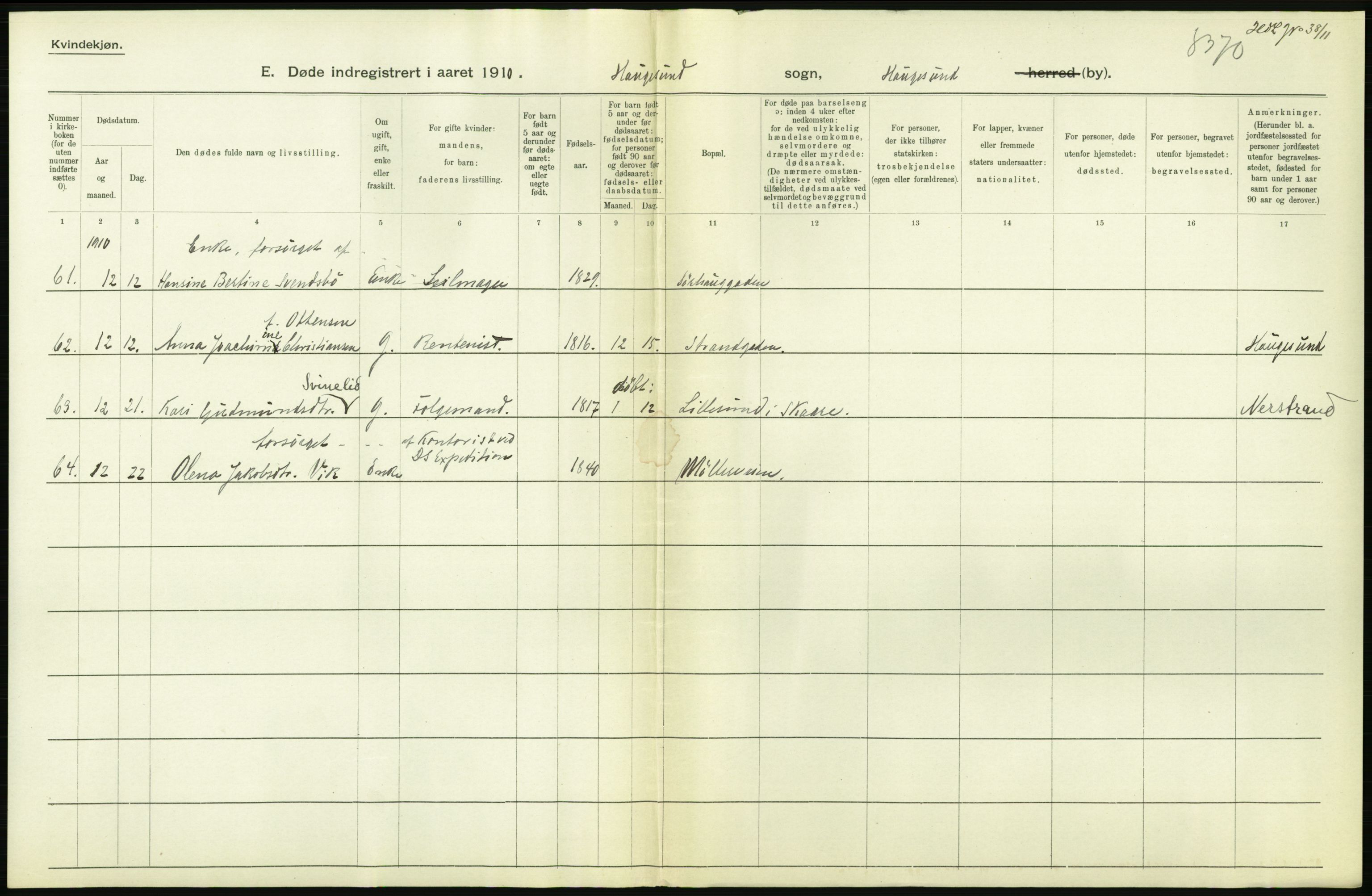 Statistisk sentralbyrå, Sosiodemografiske emner, Befolkning, RA/S-2228/D/Df/Dfa/Dfah/L0024: Stavanger amt: Døde, dødfødte. Bygder og byer., 1910, p. 334