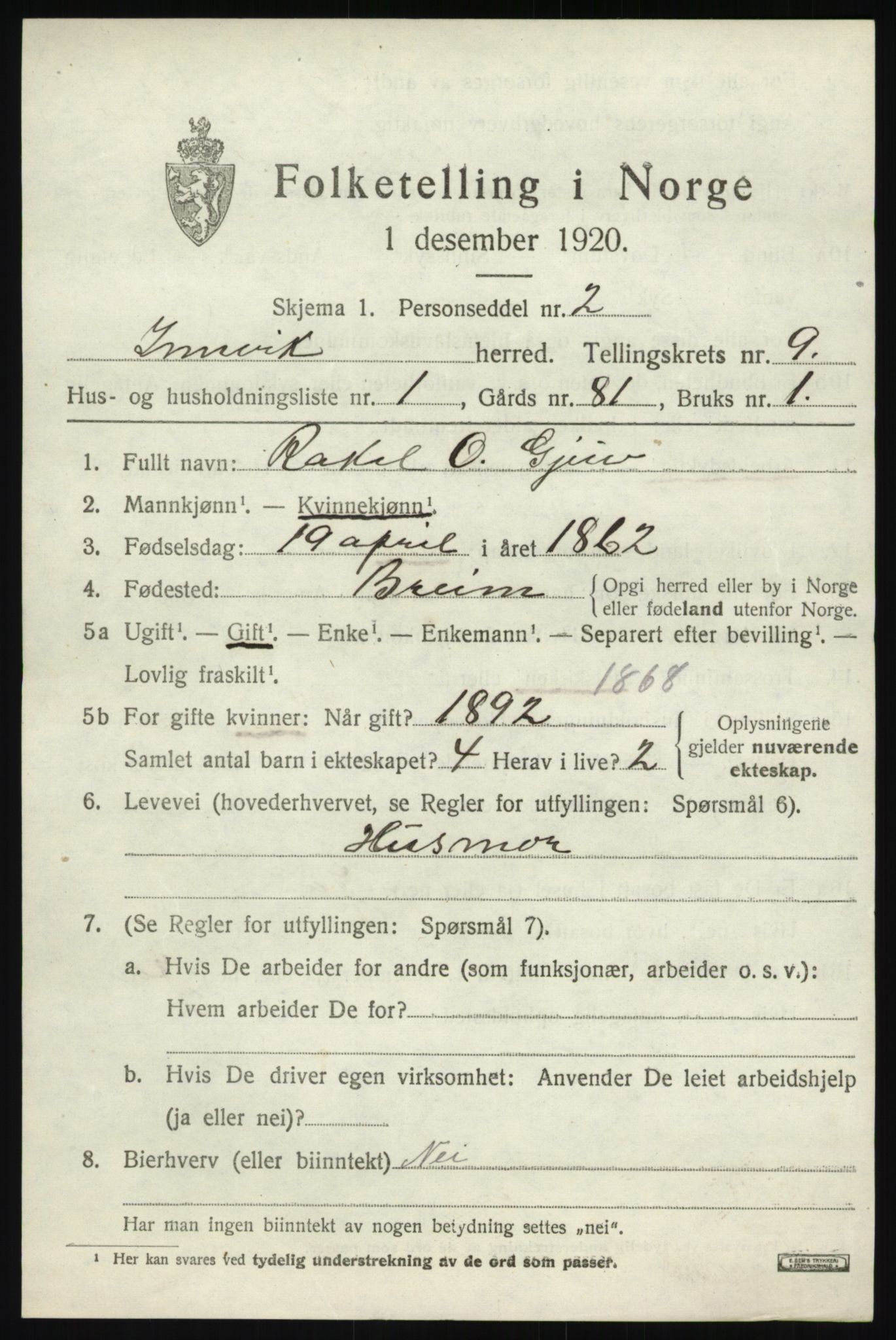 SAB, 1920 census for Innvik, 1920, p. 3901