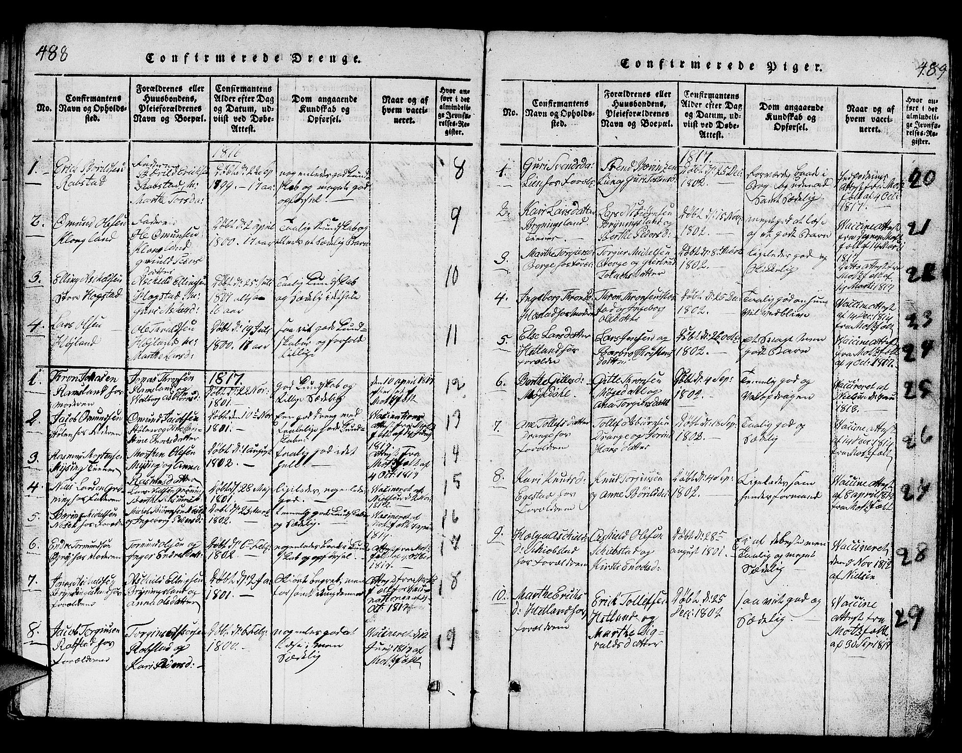 Helleland sokneprestkontor, SAST/A-101810: Parish register (copy) no. B 1, 1815-1841, p. 488-489