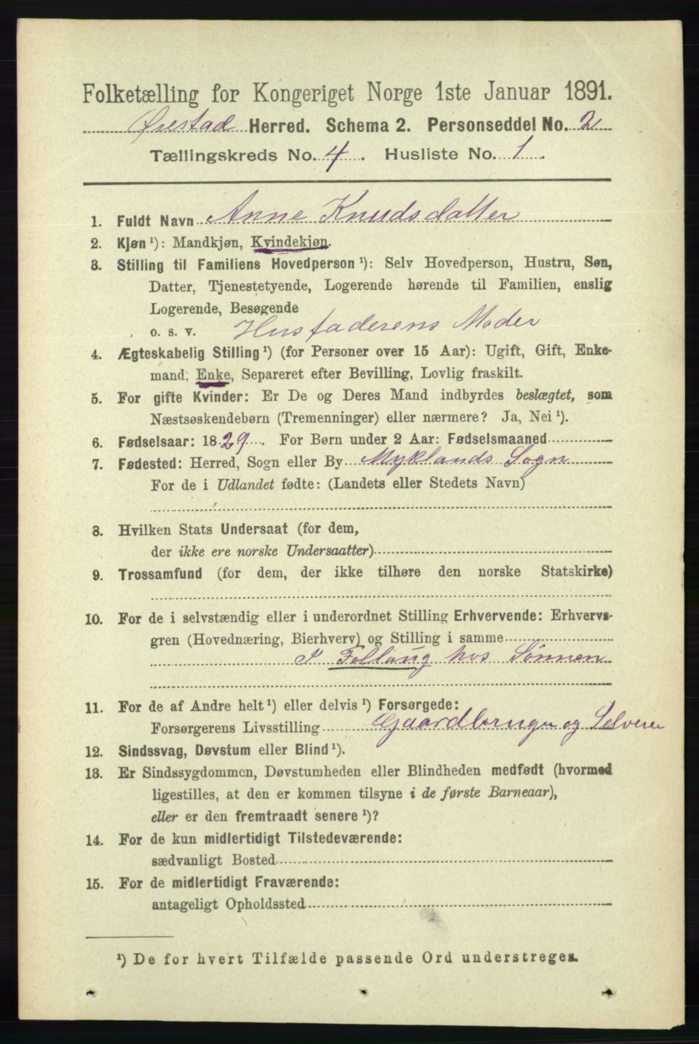 RA, 1891 census for 0920 Øyestad, 1891, p. 1393