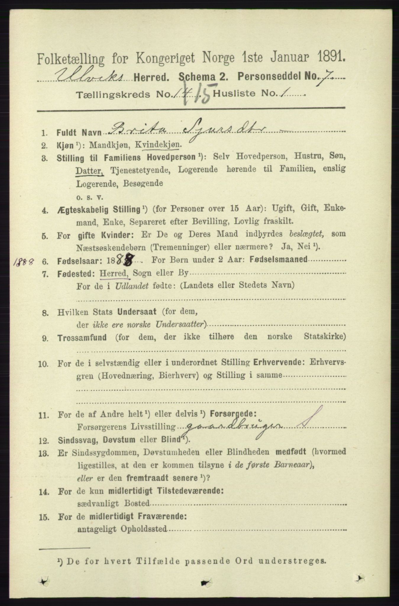 RA, 1891 census for 1233 Ulvik, 1891, p. 4603